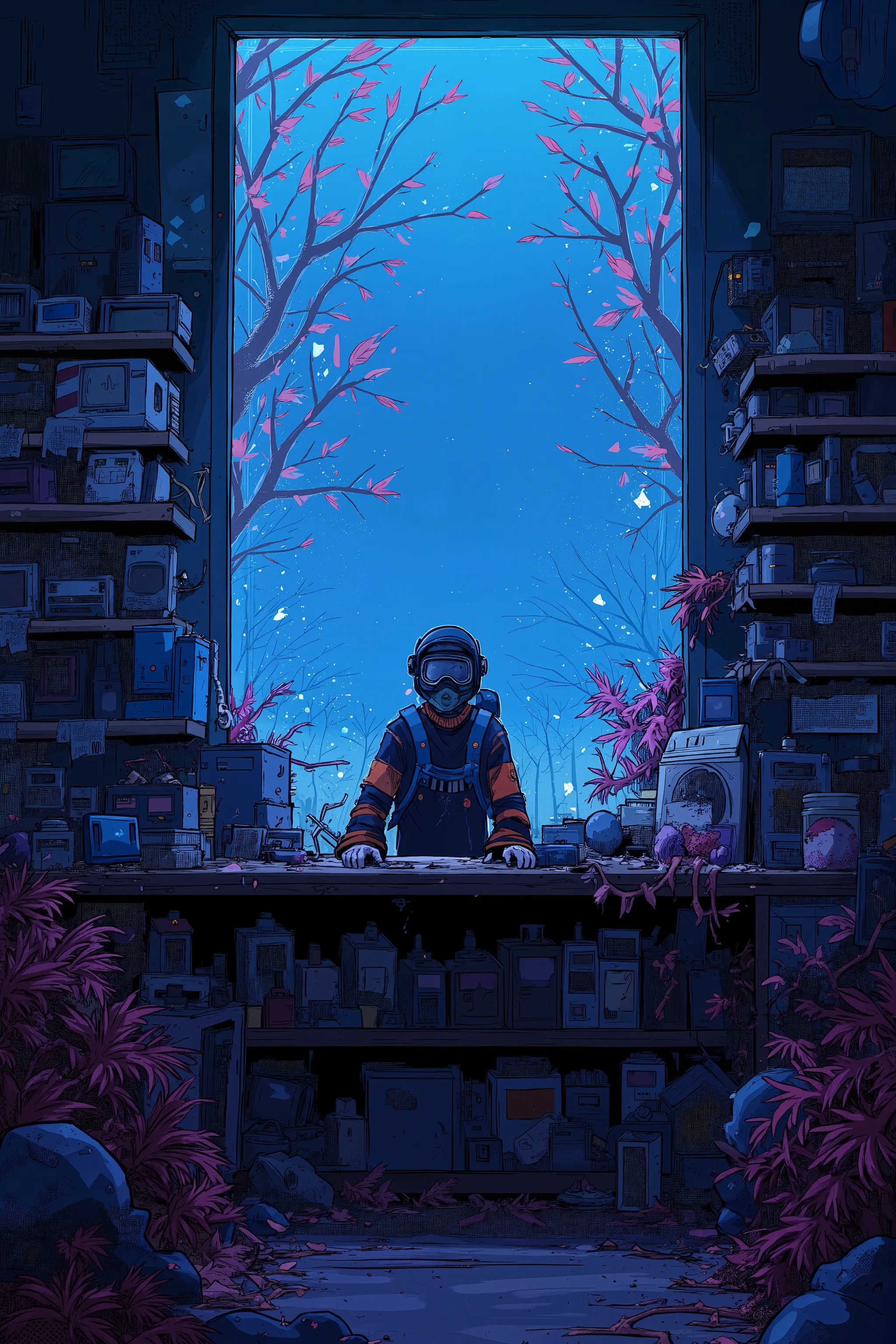  Tom from Everything Shop  , His store is full of 々 stuff  ,  discarded electronics  ,junk, Daily necessities ,  Strange Plants  ,  Tom is wearing a helmet and goggles Stand on the other side of the counter,  ultra realistic composition   ,     surreal sty...