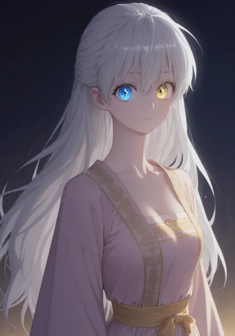 masterpiece, newest, HD Quality, safe, good anatomy, good lighting, , good resolution, beautiful, anime. long white hair. heterochromia:Sky blue right eye and Golden Yellow left eye, glitter on the eyes, dark eyelashes, piel clara, slim build, medium brea...