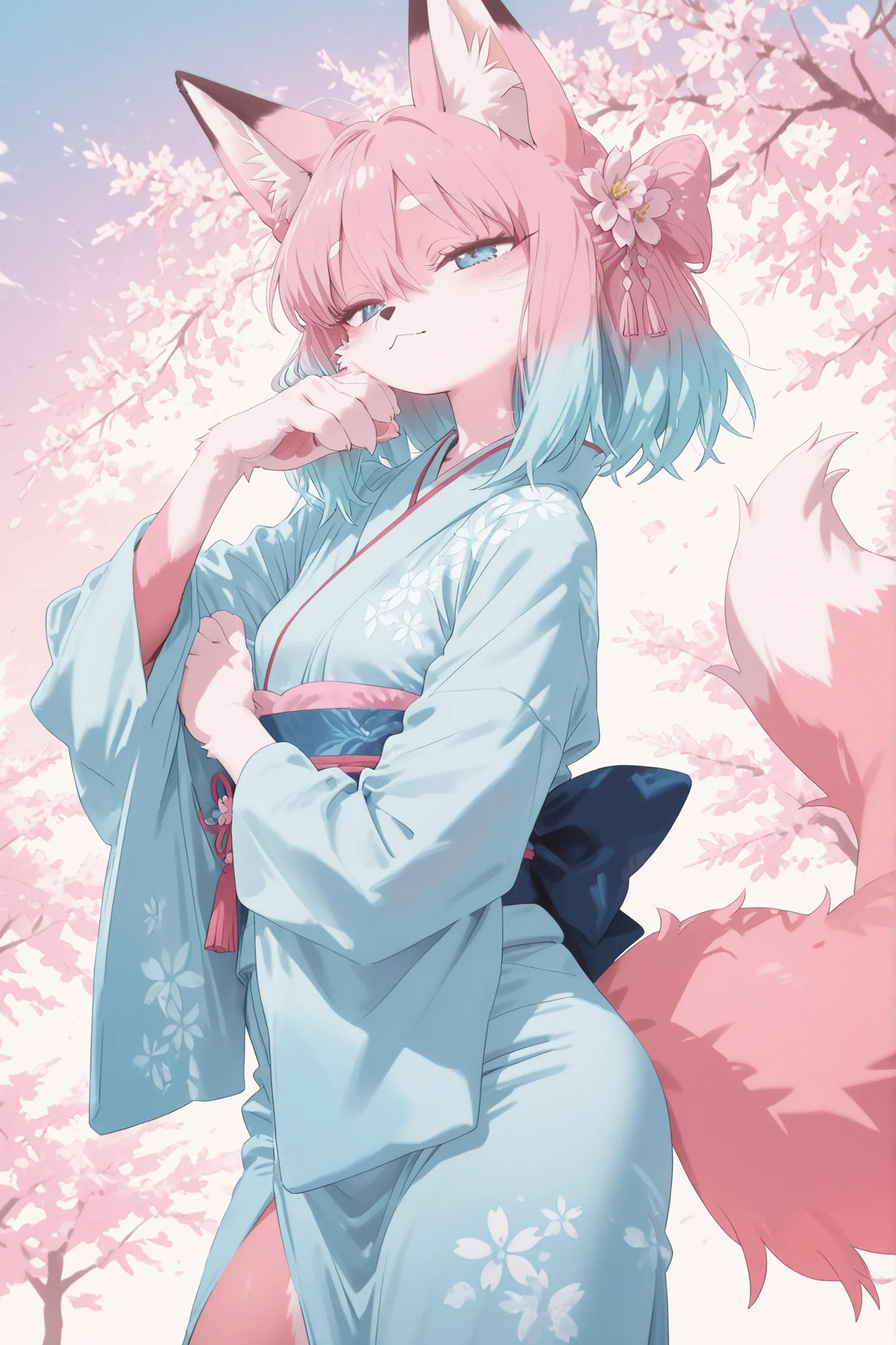 Kemono,Furry, female, fox, pink fur, kemono style, sky blue eyes, long silky hair, fluffy tail, elegant kimono, transparent fabric with sakura patterns, subtle shine, flowing sleeves, soft glowing background, gentle expression, standing pose, detailed paw ...