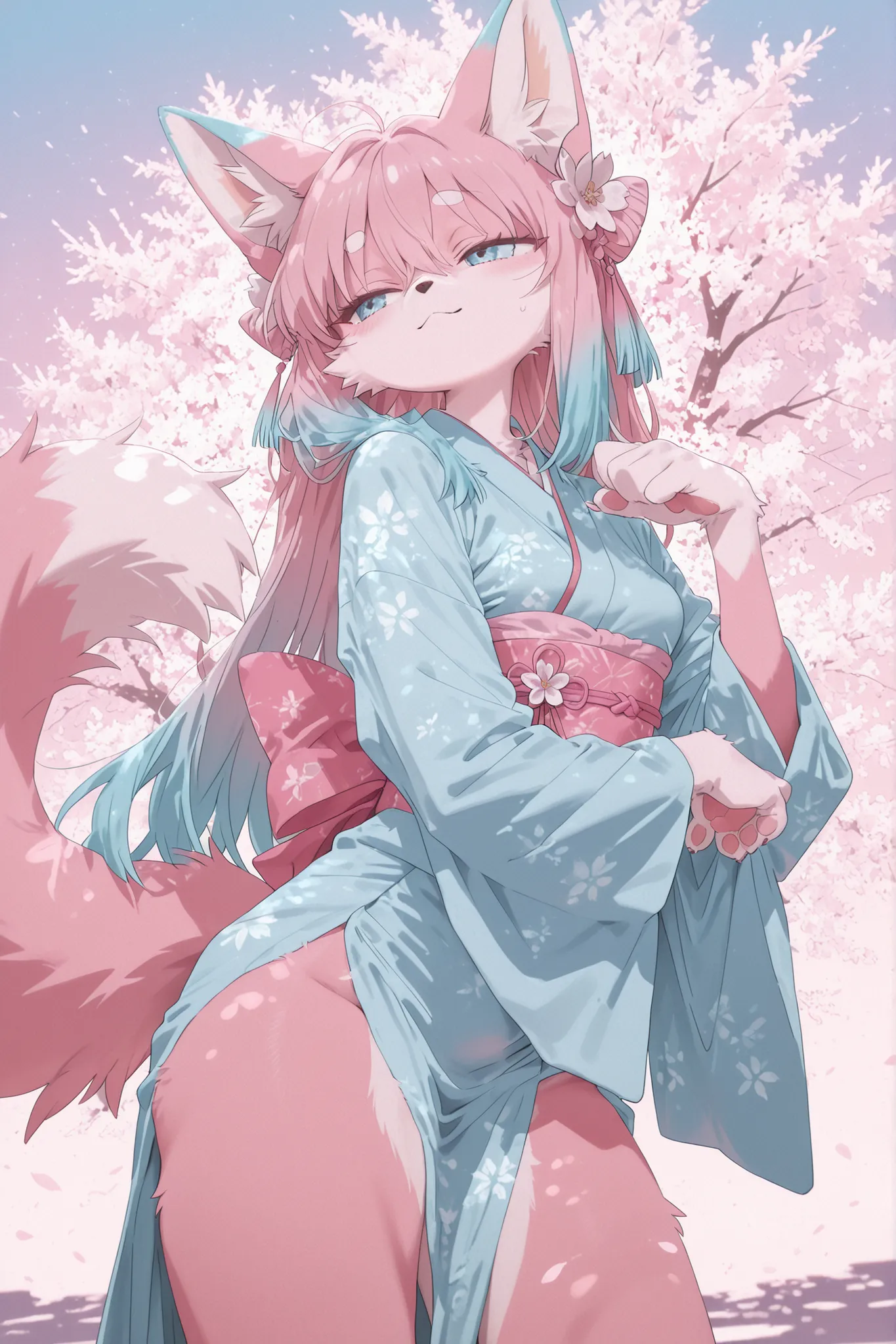 Kemono,Furry, female, fox, pink fur, kemono style, sky blue eyes, long silky hair, fluffy tail, elegant kimono, transparent fabric with sakura patterns, subtle shine, flowing sleeves, soft glowing background, gentle expression, standing pose, detailed paw ...