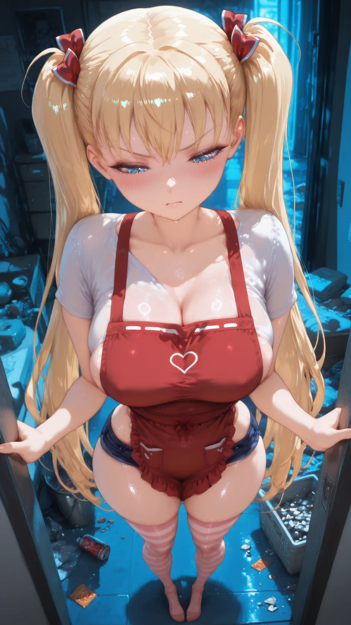  Airi Akizuki (Oni Chichi) (poro style) a beautiful young girl with a shocked expression, with a focus on the character's expression and the texture of her skin. , standing in the middle of the image with her hands on her hips. standing next to each other ...