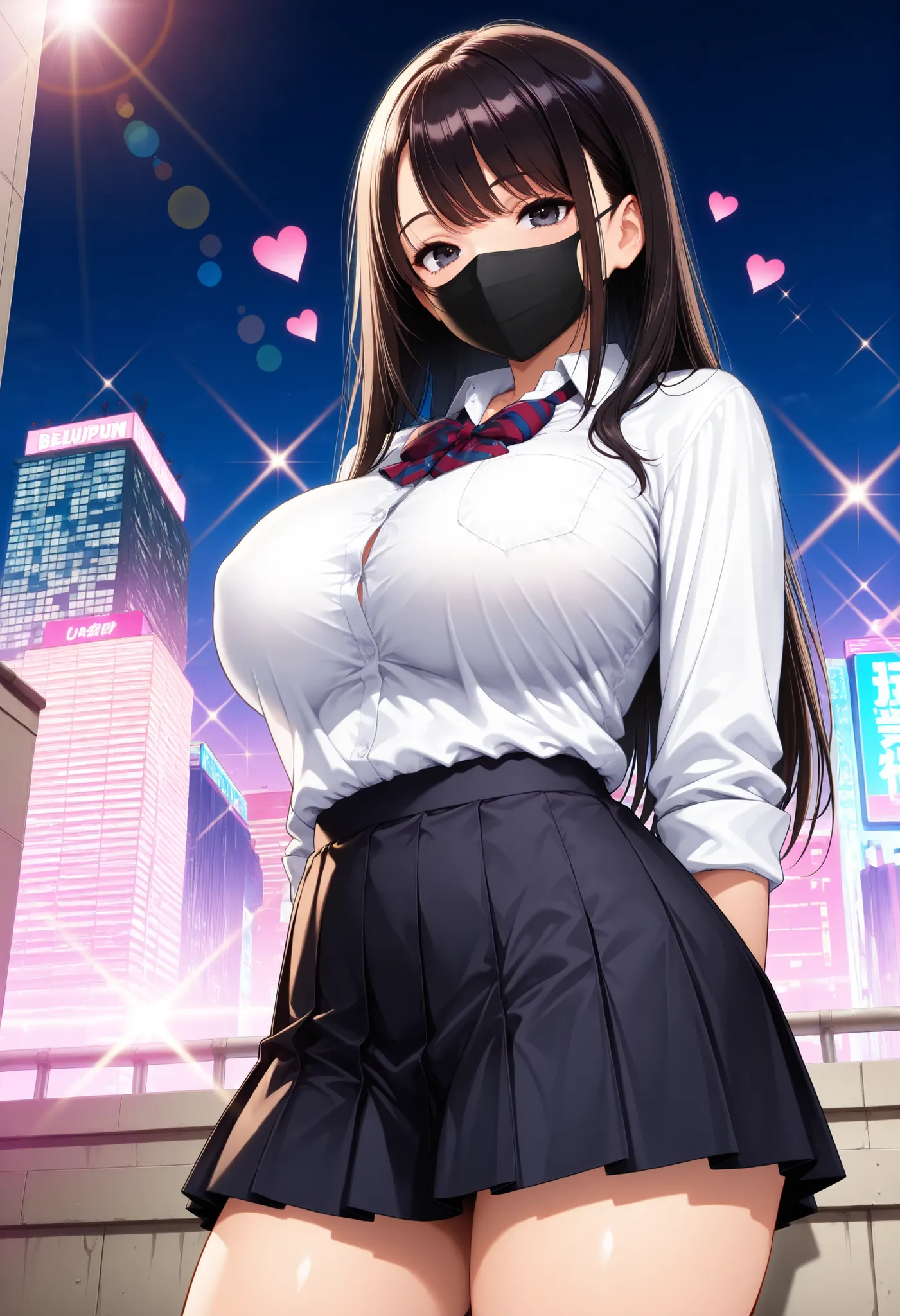 Semi realistic, JK, 1 woman, Pretty beautiful girl, (big boobs, dark haired, Long Straight Hair, Dark Eyes, black mask:1.2), Pure Bitch, Model Body, School Uniform, shirt, Bowtie, miniskirt, beautiful eyes, beautiful lips, futuristic urban background, Spar...