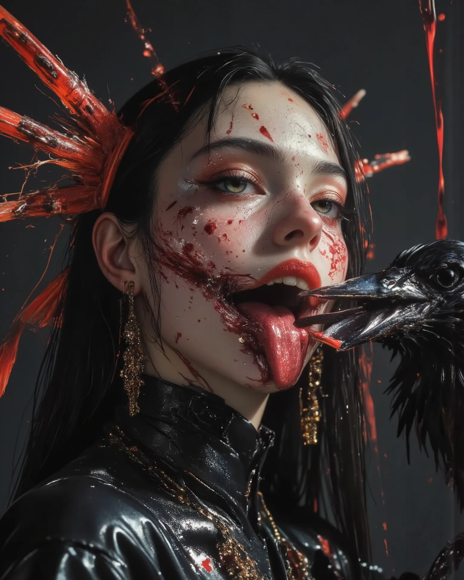 wicked, World of pain and drama and dark and dangerous！、((Dangerous World:1.2)) fashion photograph、portrait,an abandoned rag doll and old leather, photorealistic, Later , SWAMP CAIMAN  ,mejor calidad ,  super fine ,mafia  ,siniestro, ,(a raven is your frie...