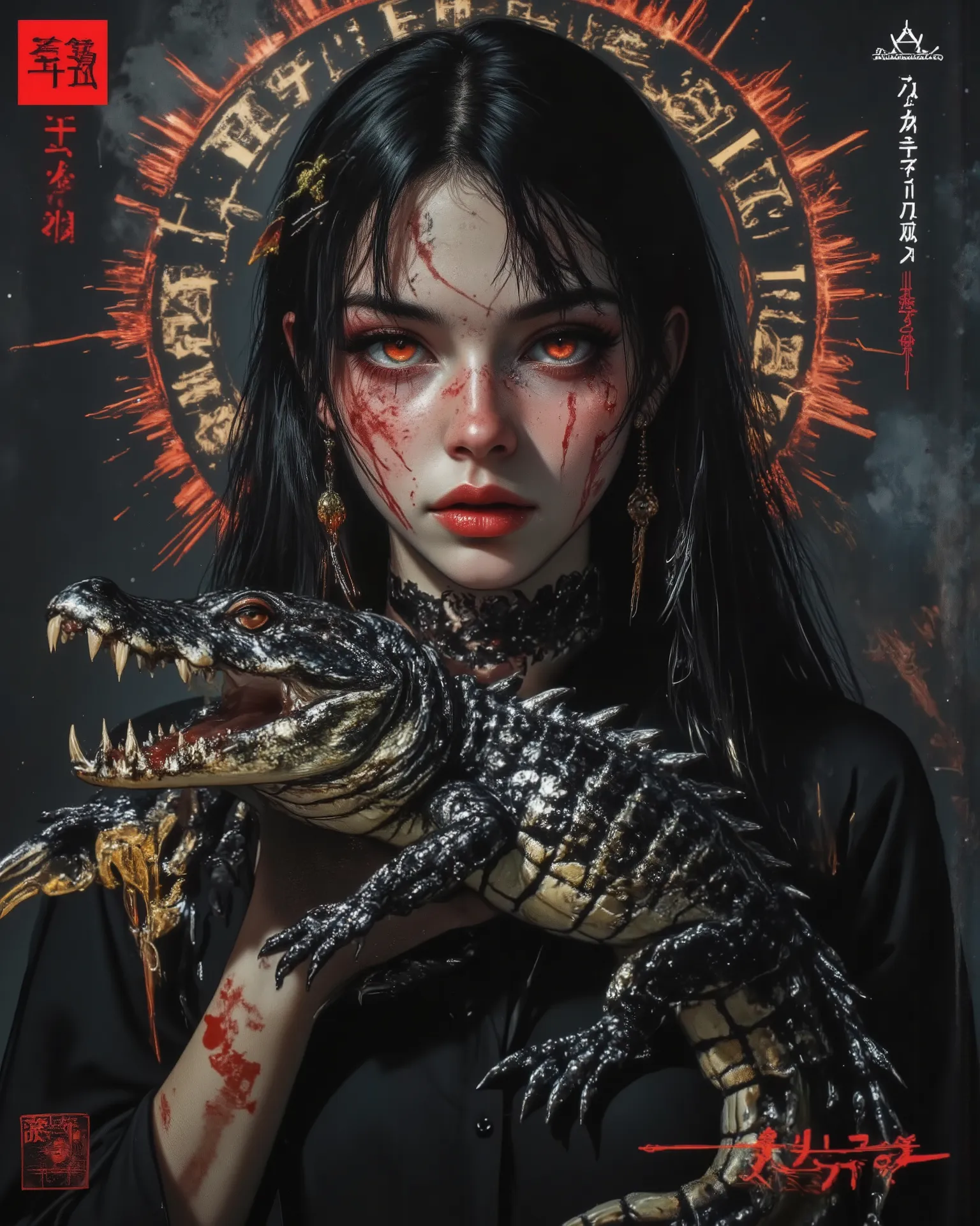 wicked, World of pain and drama and dark and dangerous！、((Dangerous World:1.2)) fashion photograph、portrait,A pet crocodile, photorealistic, Later , SWAMP CAIMAN  ,mejor calidad ,  super fine ,mafia  ,siniestro, ,(a raven is your friend ),long hair、(Paris ...