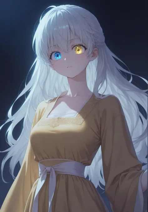 masterpiece, newest, HD Quality, safe, good anatomy, good lighting, , good resolution, beautiful, anime. long white hair. heterochromia:Sky blue right eye and Golden Yellow left eye, glitter on the eyes, dark eyelashes, piel clara, slim build, medium brea...