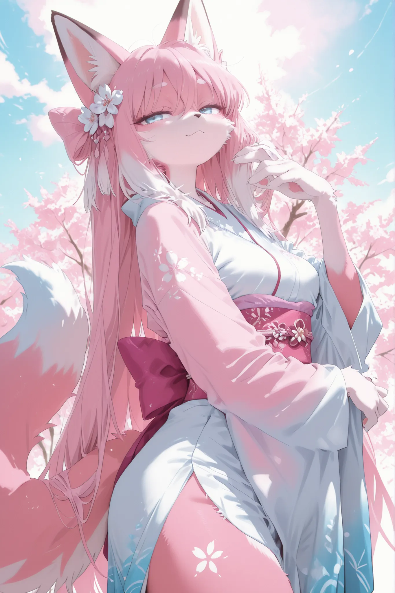 Kemono,(masterpiece, detailed:1.2),Kemono,Furry, female, fox, pink fur, kemono style, sky blue eyes, long silky hair, fluffy tail, long flowing kimono, transparent fabric with sakura patterns, subtle shine, flowing sleeves, soft glowing background, gentle ...
