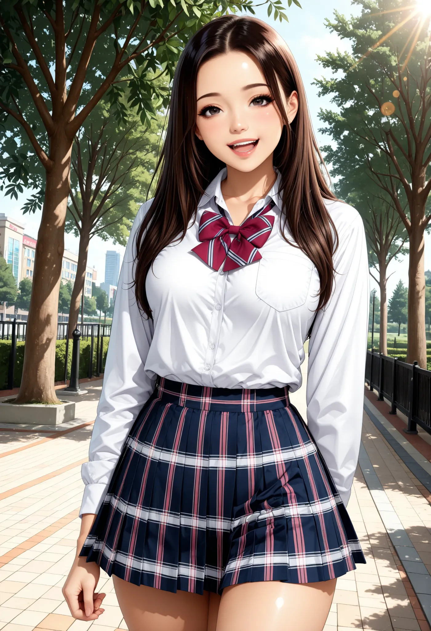 Semi realistic, JK, 1 woman, Pretty beautiful girl, (dark haired, Long Straight Hair, Dark Eyes, laughing), Pure Bitch, Model Body, School Uniform, shirt, Bowtie, miniskirt, beautiful eyes, beautiful lips, daytime park background, Large lawns and trees々Bac...