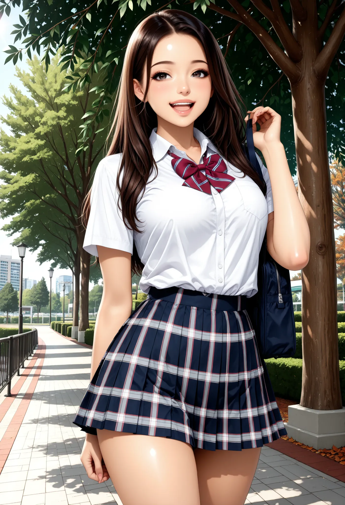 Semi realistic, JK, 1 woman, Pretty beautiful girl, (dark haired, Long Straight Hair, Dark Eyes, laughing), Pure Bitch, Model Body, School Uniform, shirt, Bowtie, miniskirt, beautiful eyes, beautiful lips, daytime park background, Large lawns and trees々Bac...