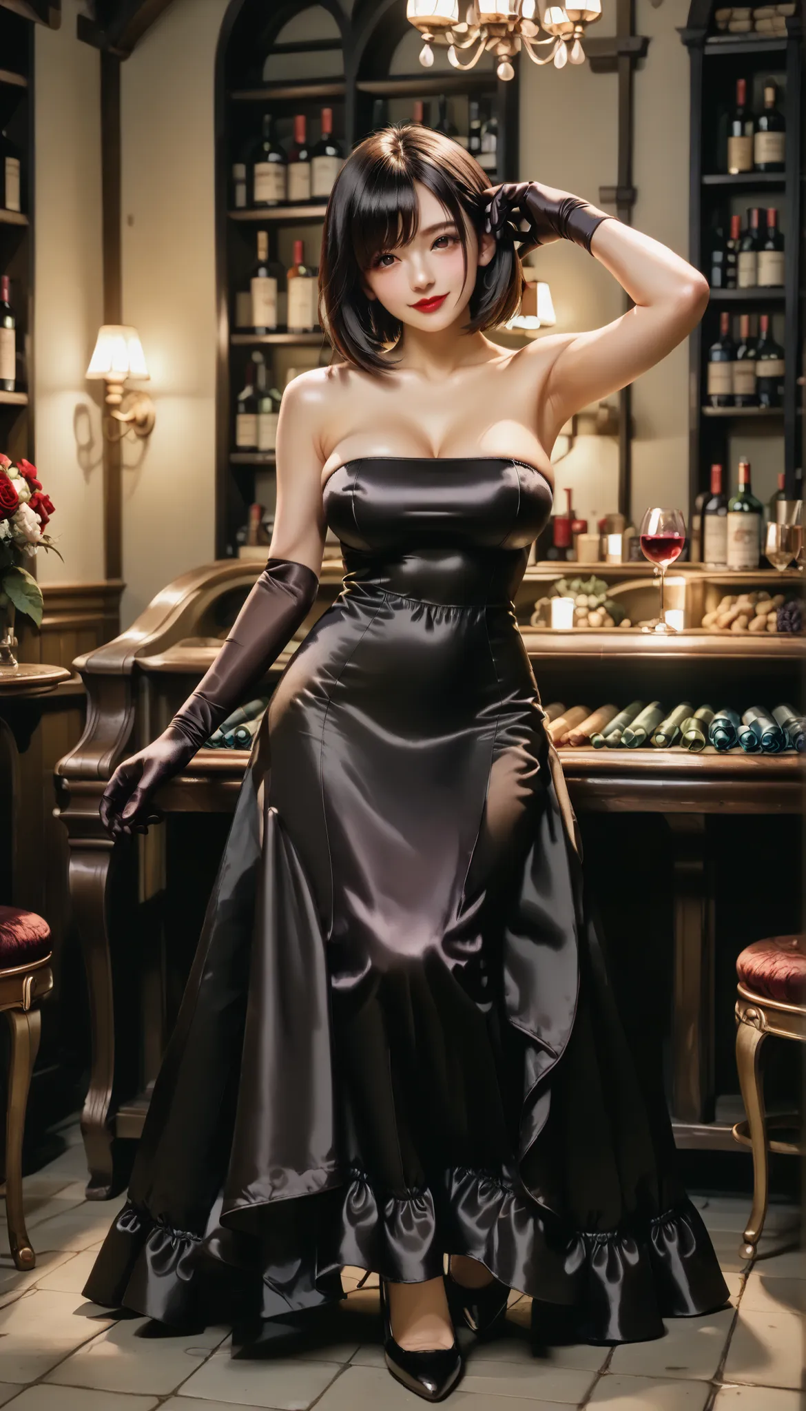 Hi-Res,32K,masterpiece,top quality,ultra detailed face,(Dim Wine Cellar:1.4), one beautiful Japanese woman ,(black eyes:1.2), (large breast:1.4),(beautiful face,small face:1.3),dark haired,(long hair,bob cut,asymmetrical bangs),(seductive smile),Red lipsti...