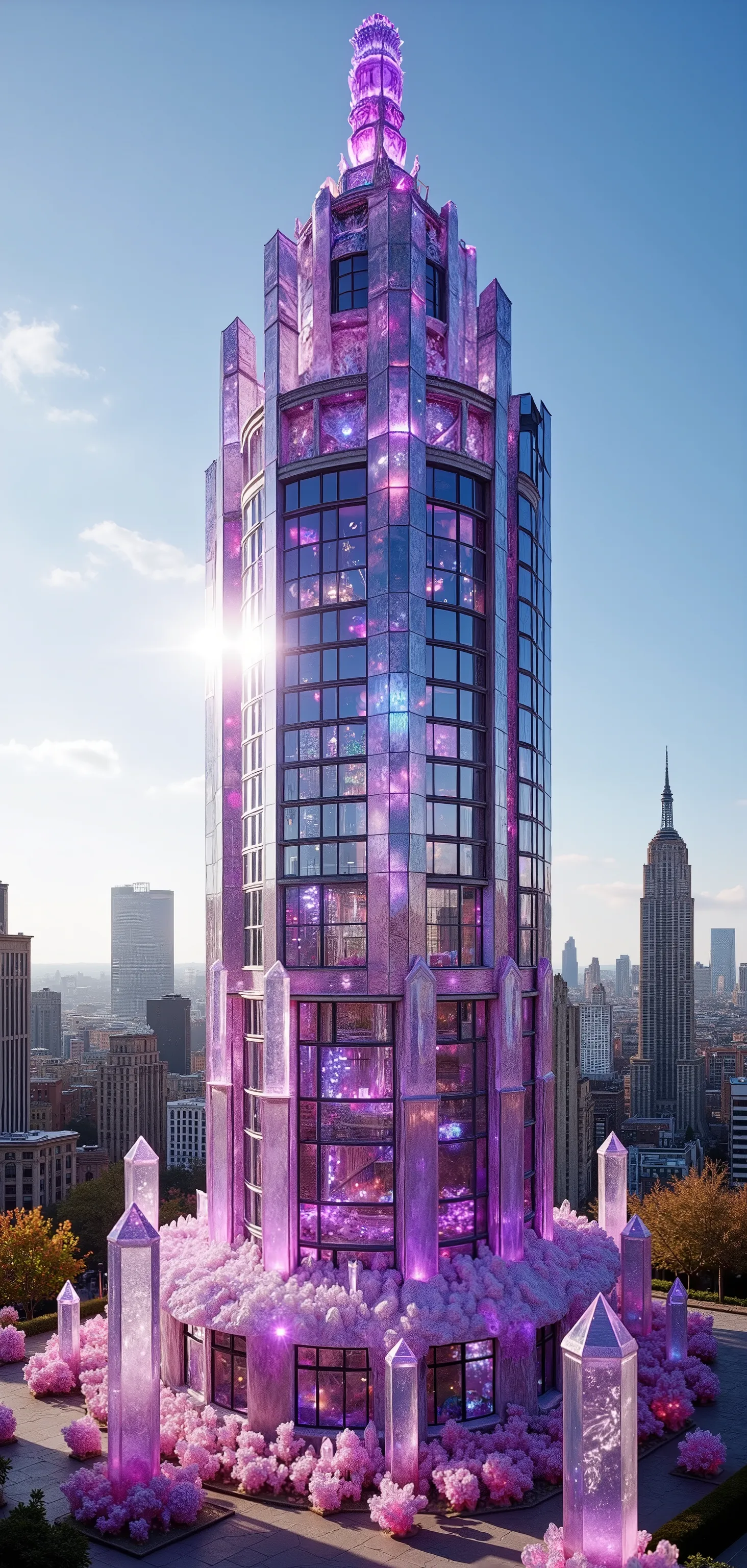 An ultra-realistic, ultra-crystalistic towering quartz crystal structure that glimmers majestically in the foreground, crafted from translucent purple and pink crystal that catch the sunlight brilliantly. The design resembles a modern skyscraper, with its ...