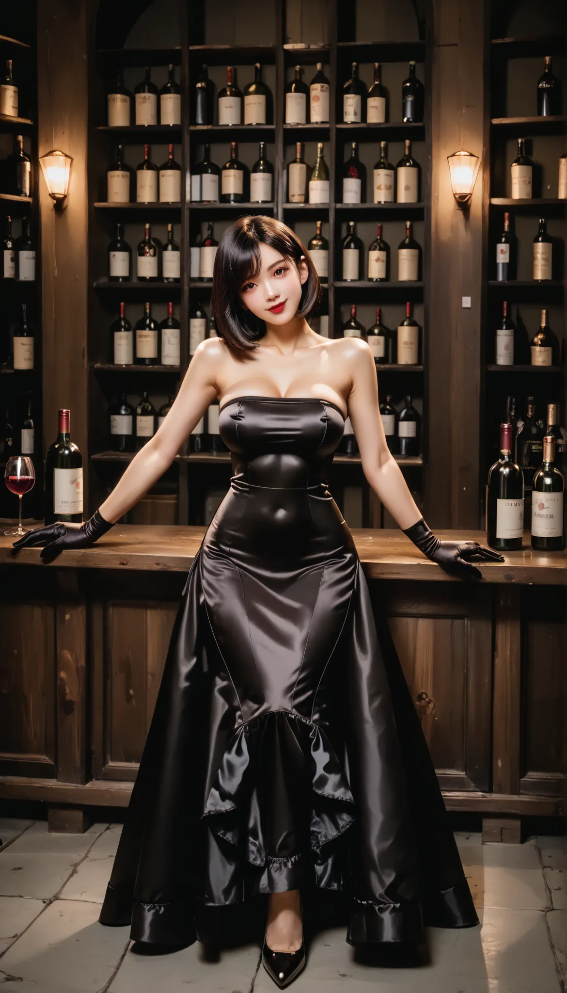 Hi-Res,32K,masterpiece,top quality,ultra detailed face,(Dim Wine Cellar:1.4), one beautiful Japanese woman ,(black eyes:1.2), (large breast:1.4),(beautiful face,small face:1.3),dark haired,(long hair,bob cut,asymmetrical bangs),(seductive smile),Red lipsti...