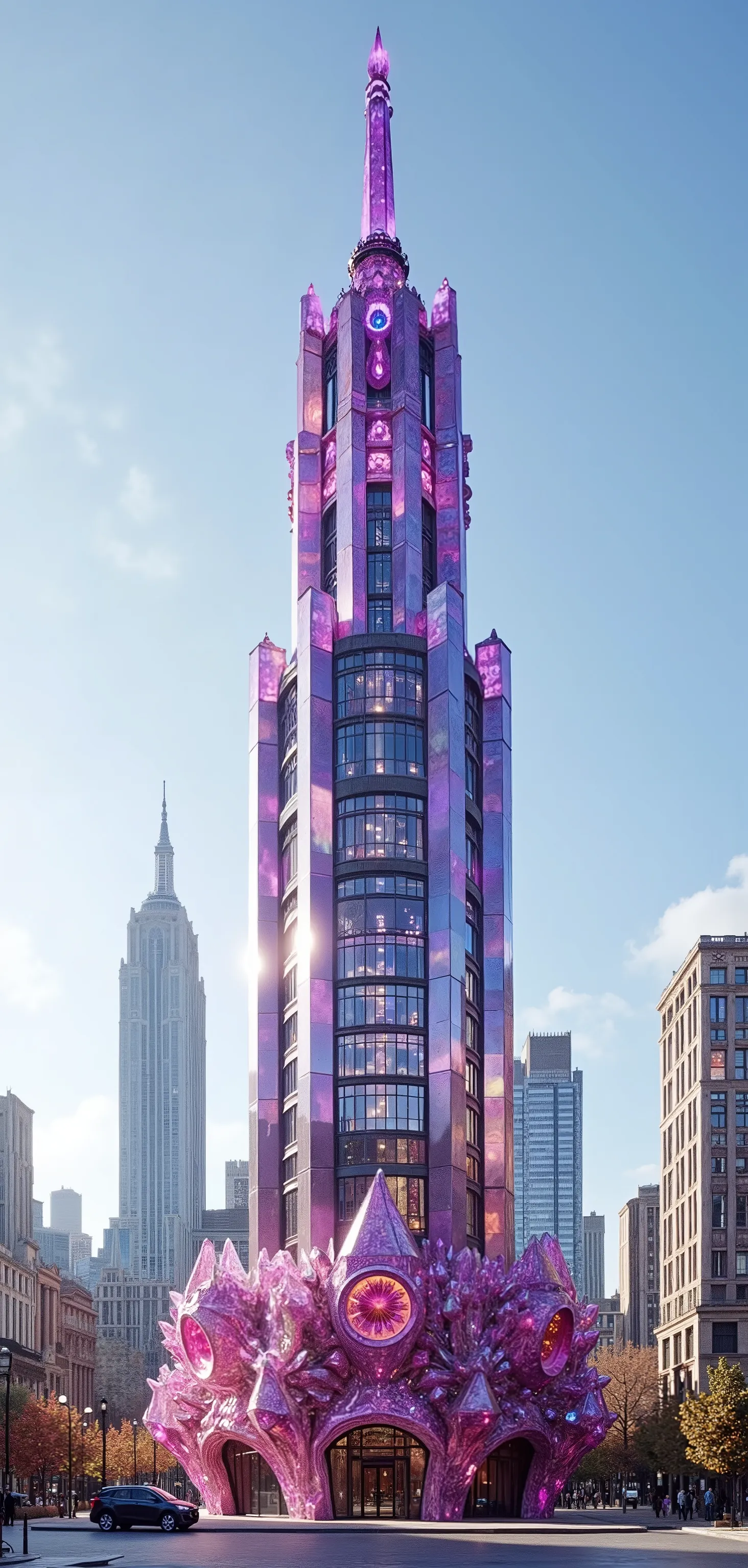 An ultra-realistic, ultra-crystalistic towering quartz crystal structure that glimmers majestically in the foreground, crafted from translucent purple and pink crystal that catch the sunlight brilliantly. The design resembles a modern skyscraper, with its ...