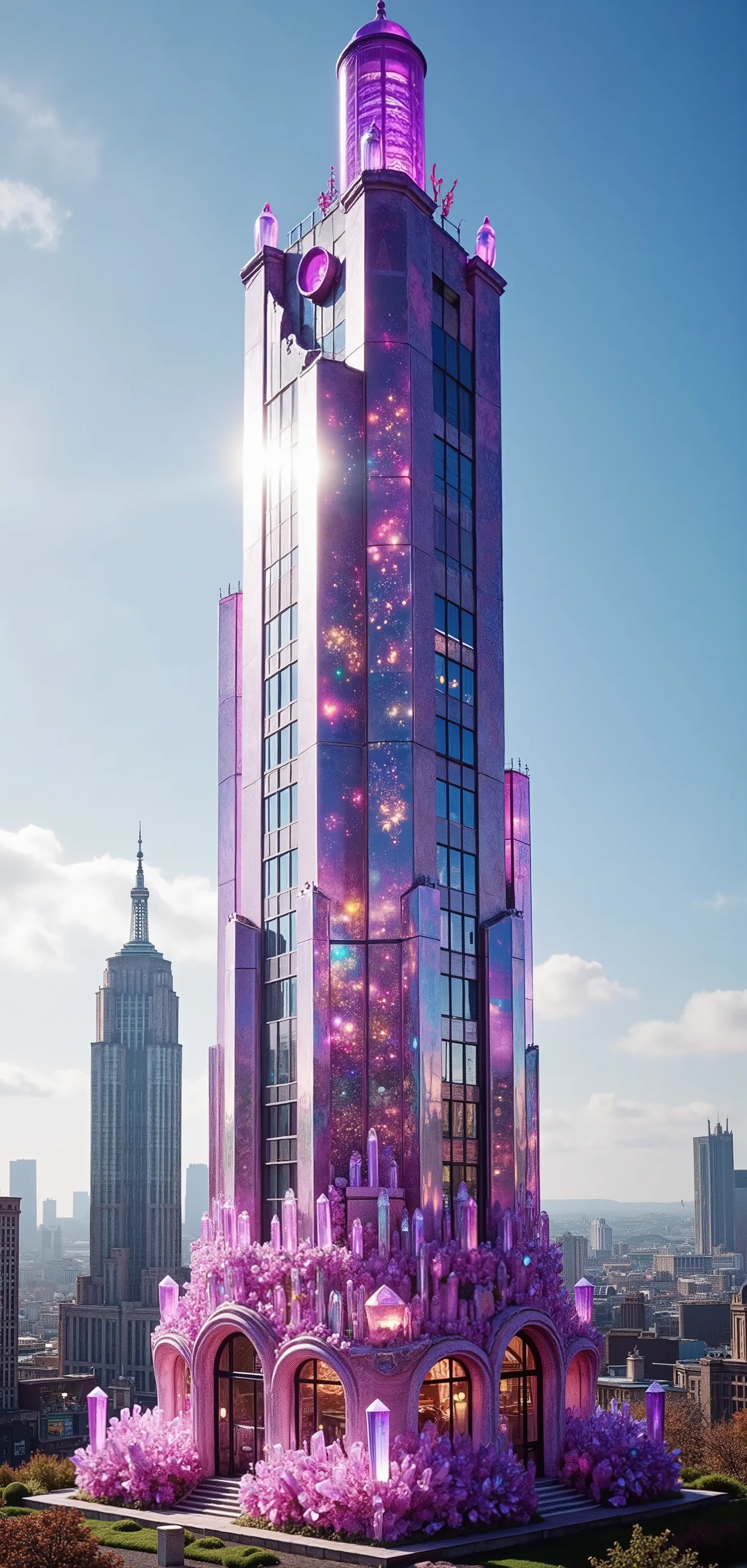 An ultra-realistic, ultra-crystalistic towering quartz crystal structure that glimmers majestically in the foreground, crafted from translucent purple and pink crystal that catch the sunlight brilliantly. The design resembles a modern skyscraper, with its ...