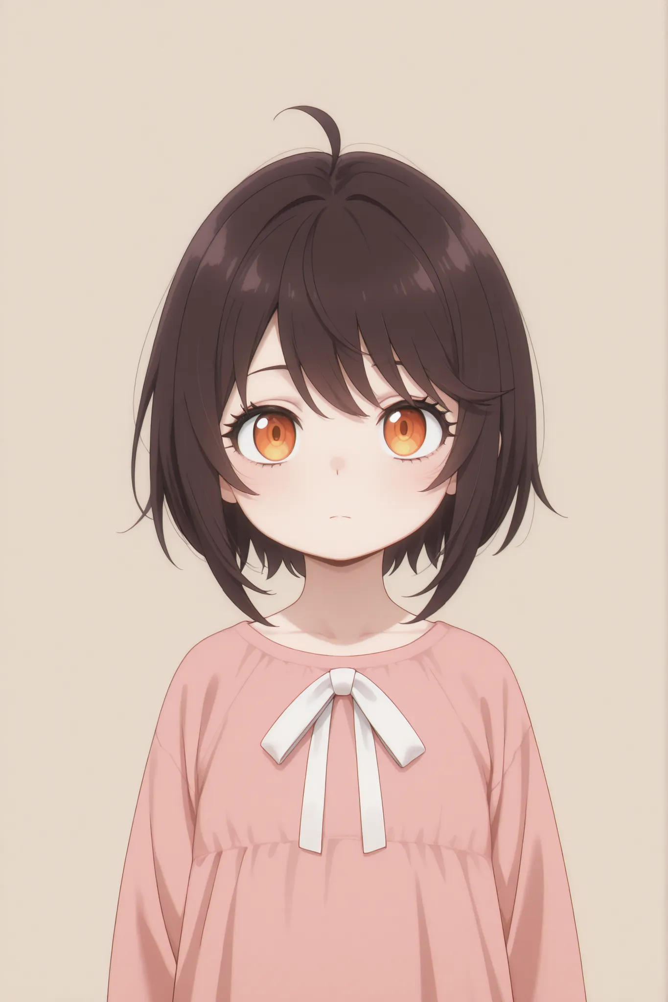 masterpiece, mejor calidad, newest, safe, good anatomy, good resolution, good lighting.  beautiful, anime, , adorable. Little girl, dark brown hair, Hairstyle, short hair. Intense orange eyes. black eyelashes, piel clara. Age: 5, It measures 1'10 cm . look...