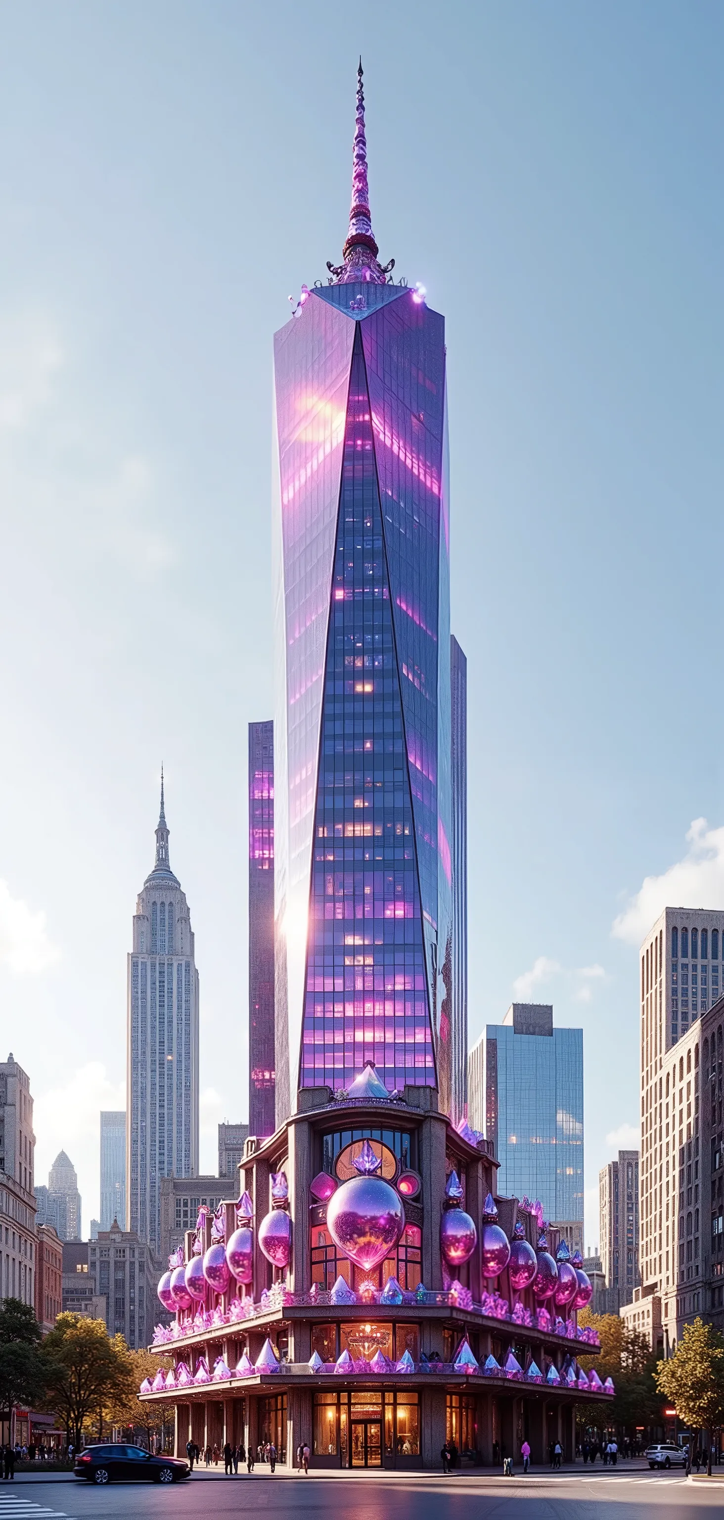 Show this building in its entirety from the top of the skyscraper to the bottom. A towering crystal structure glimmers majestically in the foreground, crafted from translucent purple and pink hues that catch the sunlight brilliantly. The design resembles a...