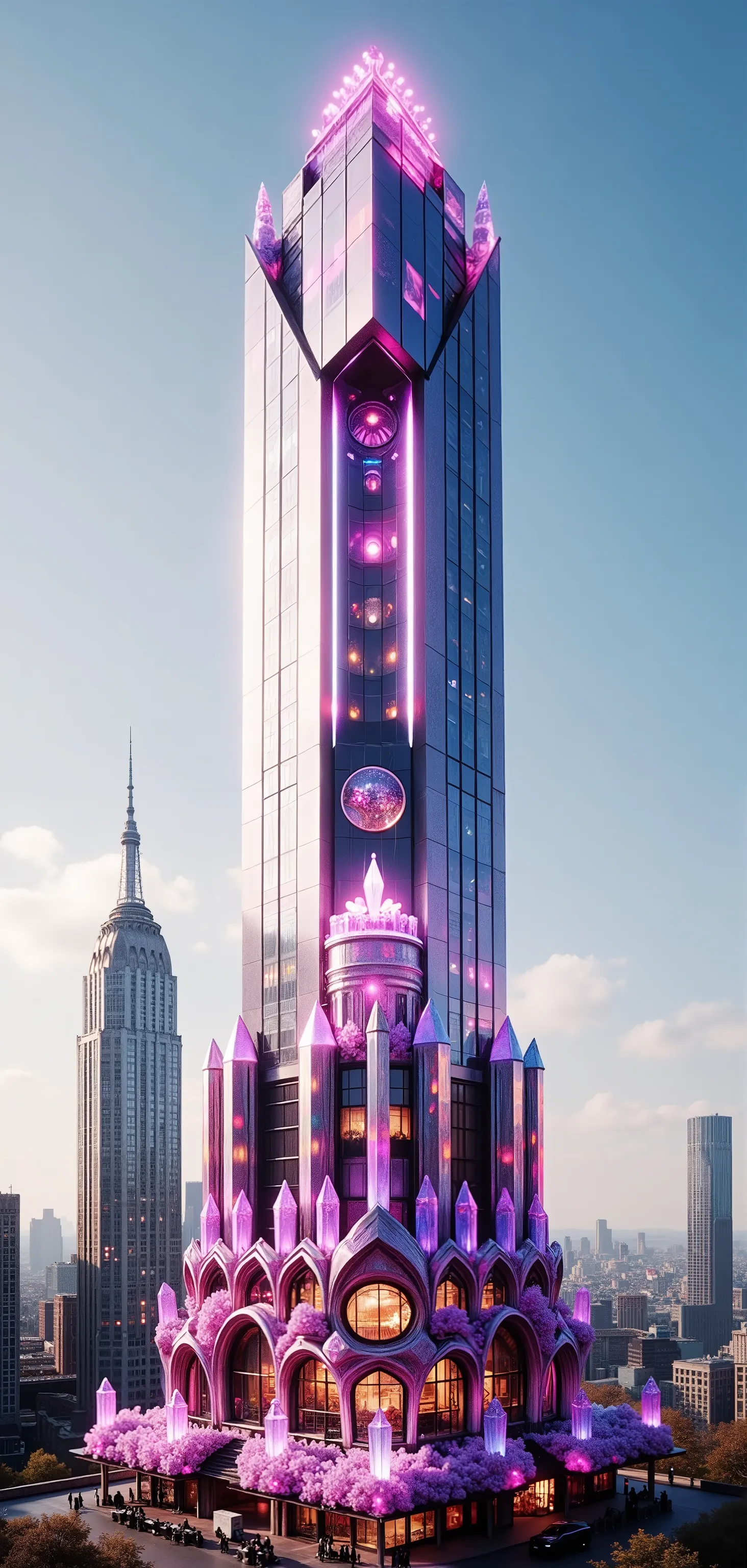 Show this building in its entirety from the top of the skyscraper to the bottom. A towering crystal structure glimmers majestically in the foreground, crafted from translucent purple and pink hues that catch the sunlight brilliantly. The design resembles a...