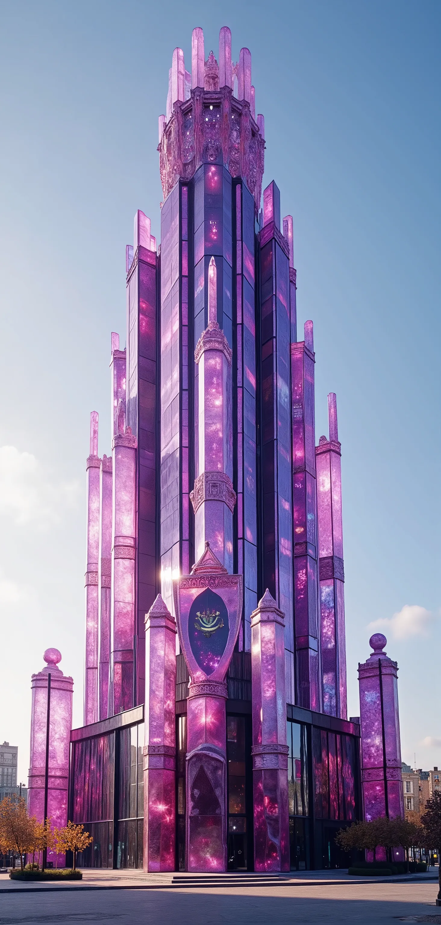 A towering crystal structure, glimmering majestically in the foreground, crafted from translucent purple and translucent pink quartz crystal pillar points that catch the sunlight brilliantly, a unique 35 story skyscraper with straight crystalline lines wit...