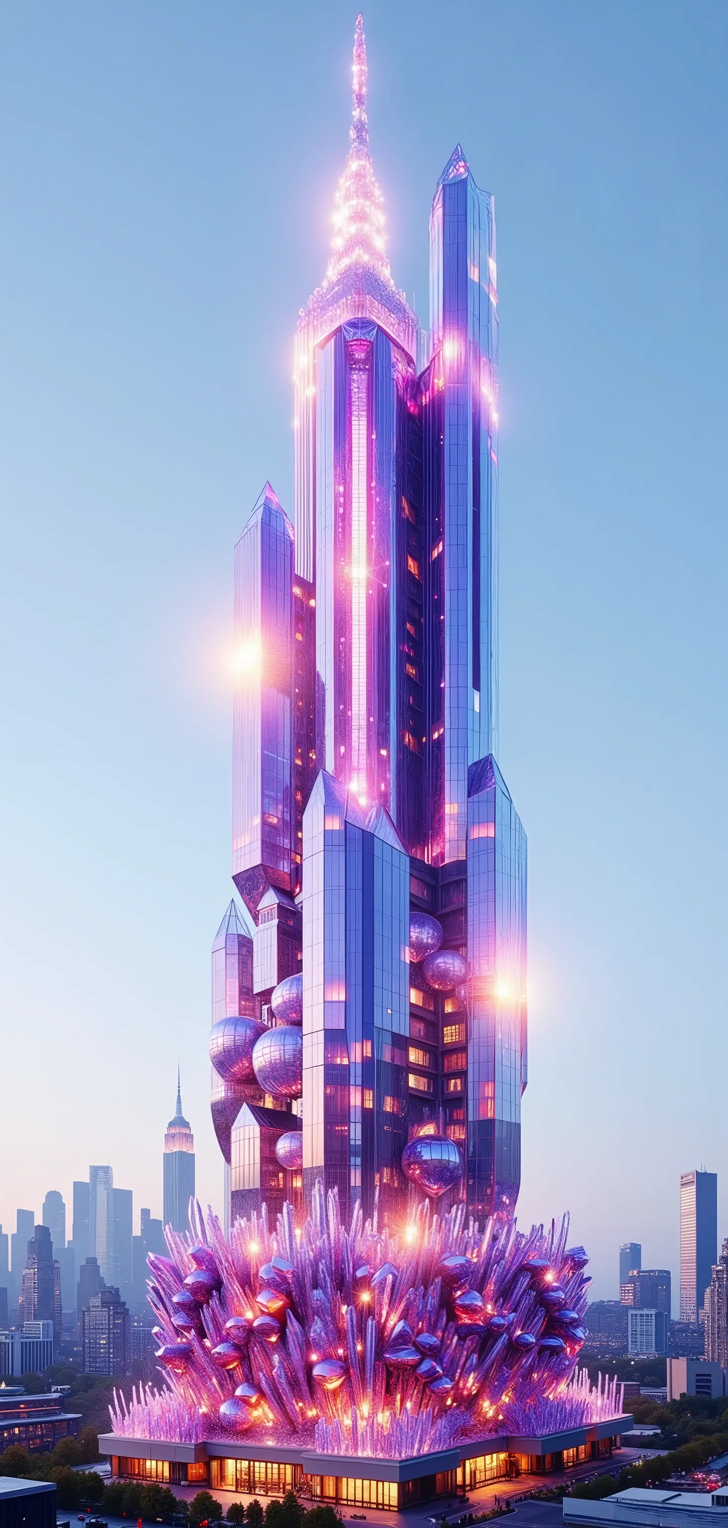 Show this building in its entirety from the top of the skyscraper to the bottom. A towering crystal structure glimmers majestically in the foreground, crafted from translucent purple and pink hues that catch the sunlight brilliantly. The design resembles a...