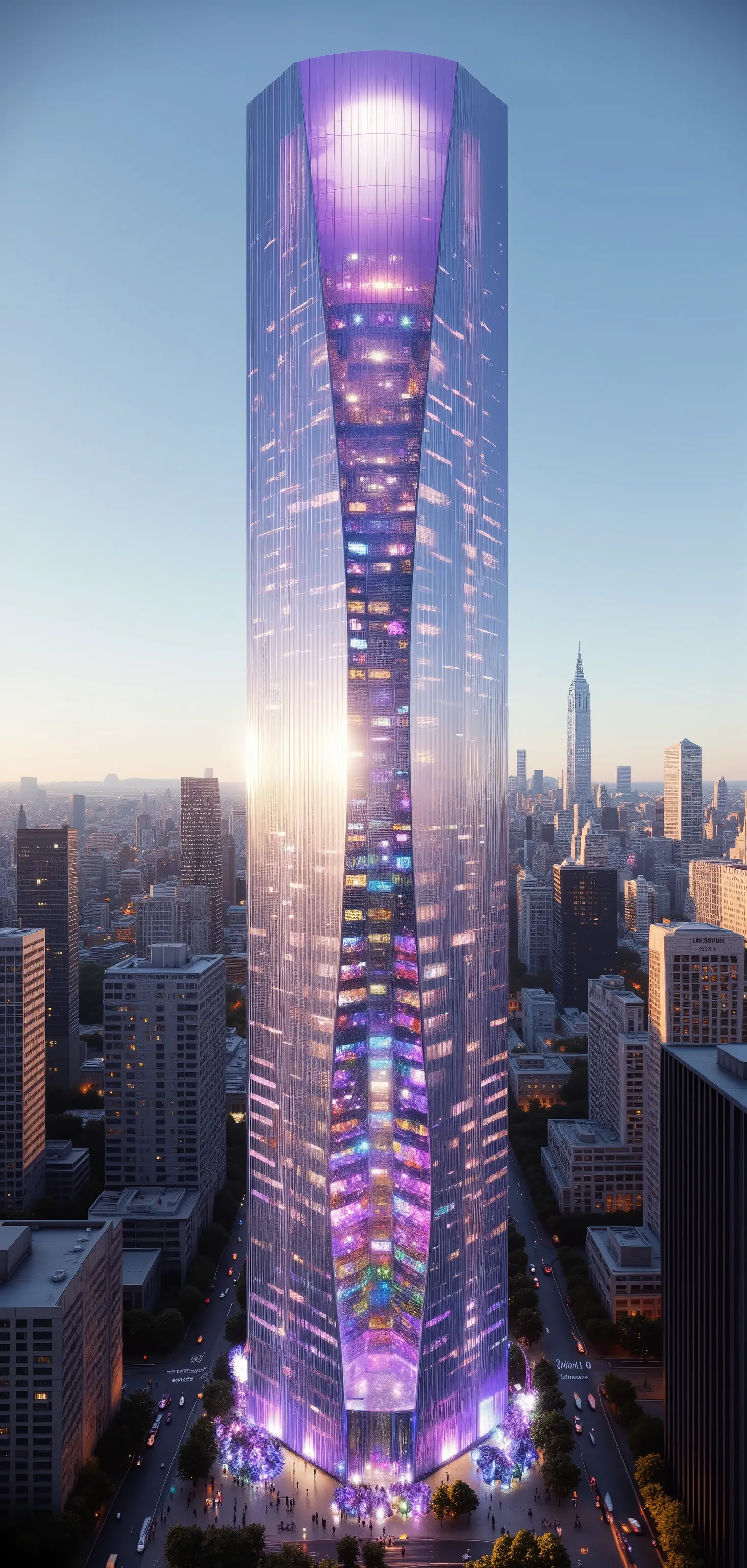 Show this building in its entirety from the top of the skyscraper to the bottom. A towering crystal structure glimmers majestically in the foreground, crafted from translucent purple and pink hues that catch the sunlight brilliantly. The design resembles a...