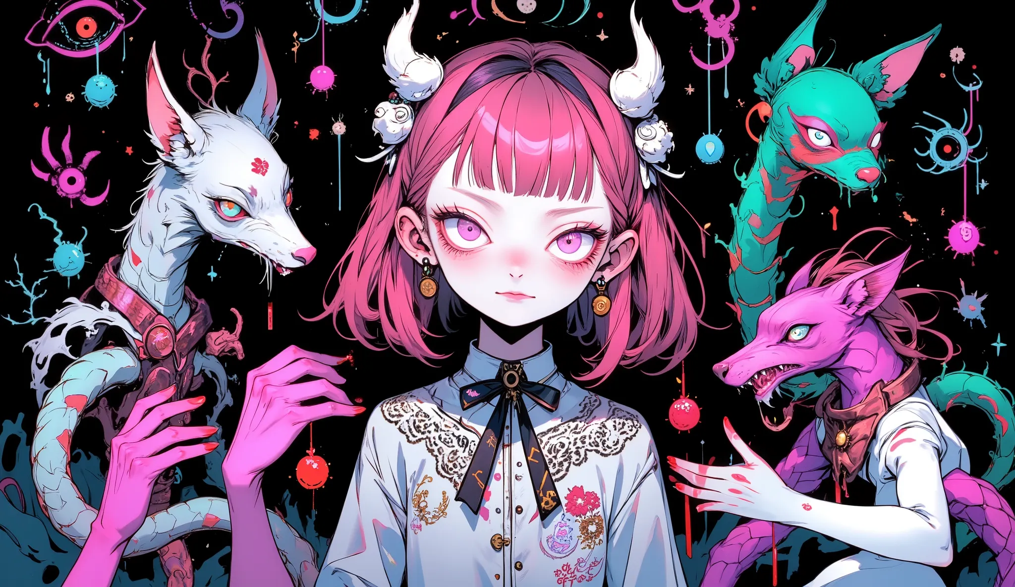 1girl\(cute,chibi, adult, kawaii,small ,pink hair,detailed pupils, wearing dress\(alice in wonderland\),whitemouse girl, (cosmic red eye),mouse ear\(cute earrings\),cute collar,big eyes,smile,eating cake,cute pose,wink,furry,anthro,dynamic angle\),(backgro...