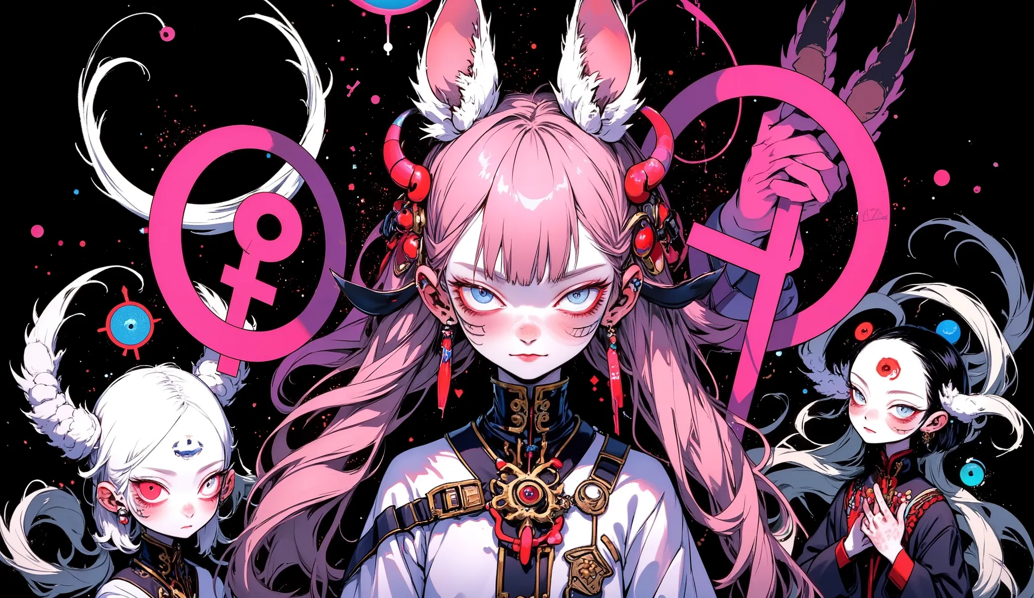 1girl\(cute,chibi, adult, kawaii,small ,pink hair,detailed pupils, wearing dress\(alice in wonderland\),whitemouse girl, (cosmic red eye),mouse ear\(cute earrings\),cute collar,big eyes,smile,eating cake,cute pose,wink,furry,anthro,dynamic angle\),(backgro...
