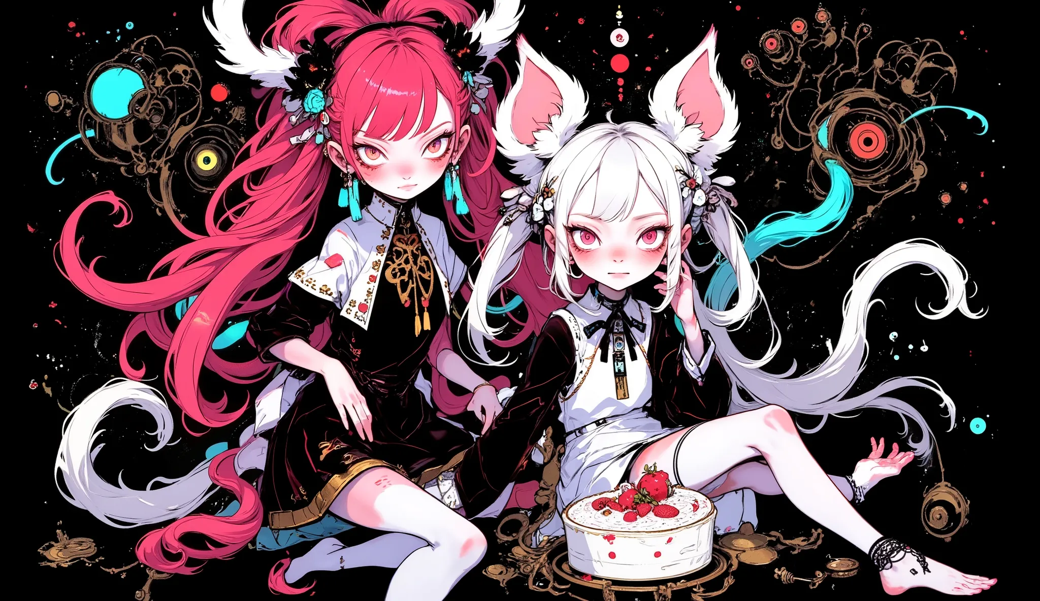 1girl\(cute,chibi, adult, kawaii,small ,pink hair,detailed pupils, wearing dress\(alice in wonderland\),whitemouse girl, (cosmic red eye),mouse ear\(cute earrings\),cute collar,big eyes,smile,eating cake,cute pose,wink,furry,anthro,dynamic angle\),(backgro...