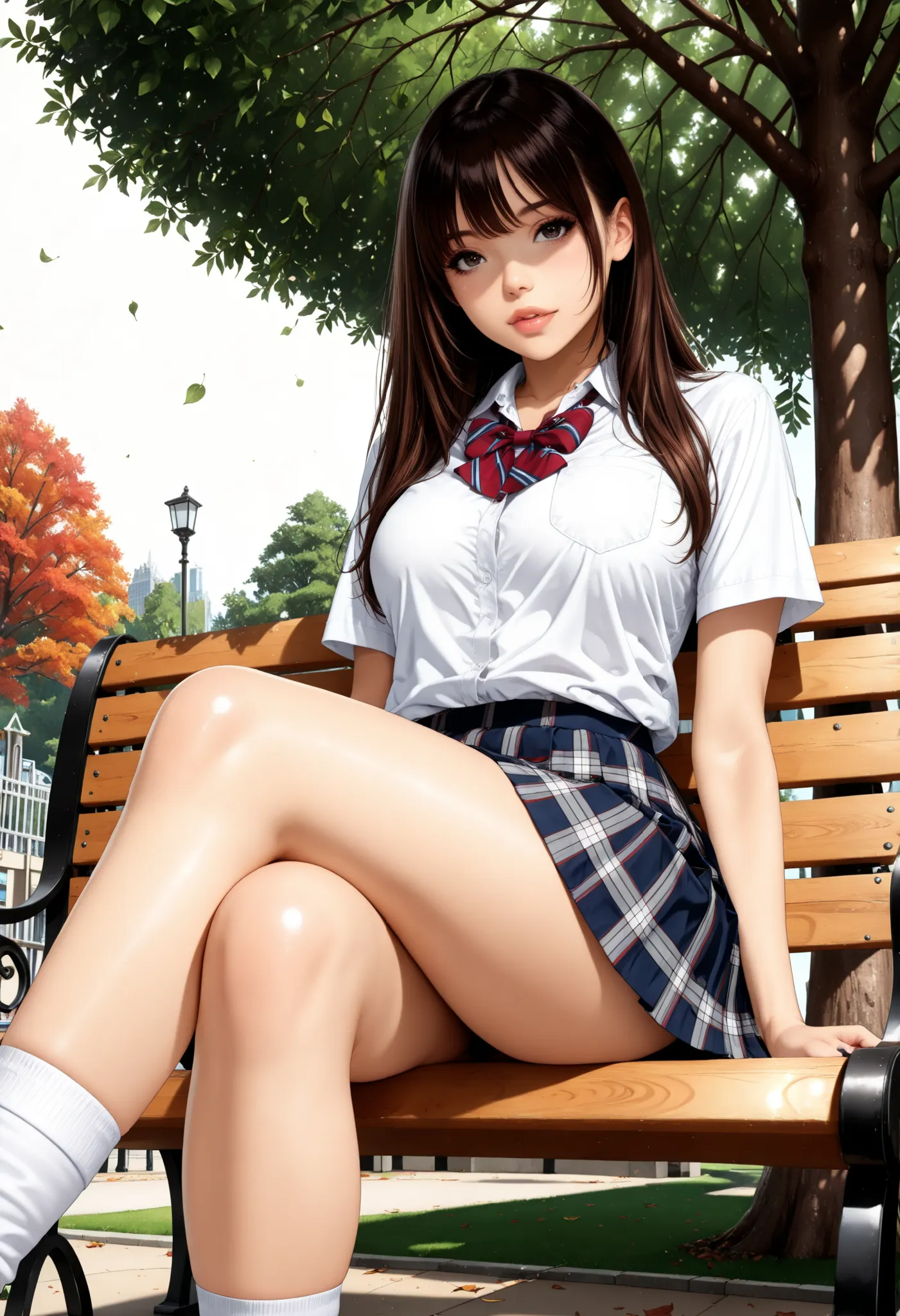 Semi realistic, JK, 1 woman, Pretty beautiful girl, (dark haired, Long Straight Hair, Dark Eyes), Pure Bitch, Model Body, School Uniform, shirt, Bowtie, miniskirt, beautiful eyes, beautiful lips, daytime park background, Large lawns and trees々Background, p...