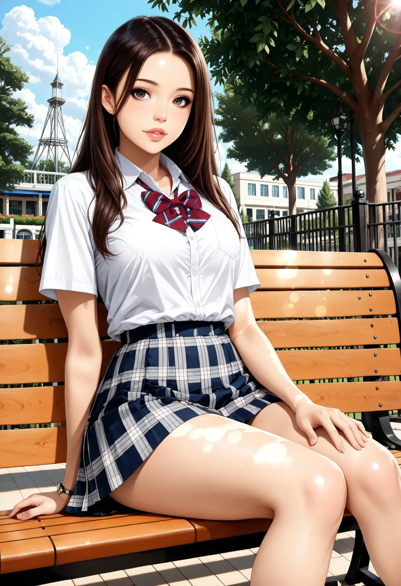 Semi realistic, JK, 1 woman, Pretty beautiful girl, (dark haired, Long Straight Hair, Dark Eyes), Pure Bitch, Model Body, School Uniform, shirt, Bowtie, miniskirt, beautiful eyes, beautiful lips, daytime park background, Large lawns and trees々Background, p...