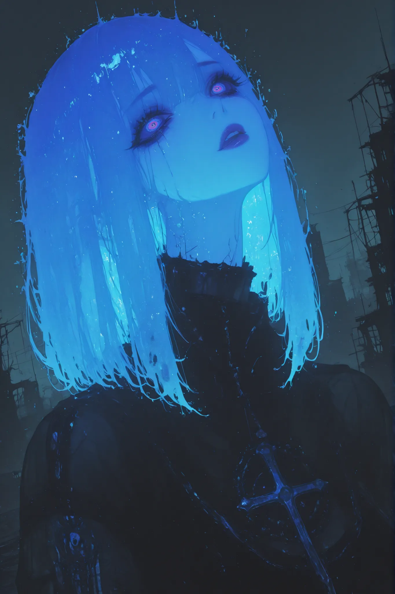 1girl, tilt angle,transparent skin,overly detailed pupils,halation, transparent hair, grunge mood,decadent,effete, dusk, apocalypse, occult