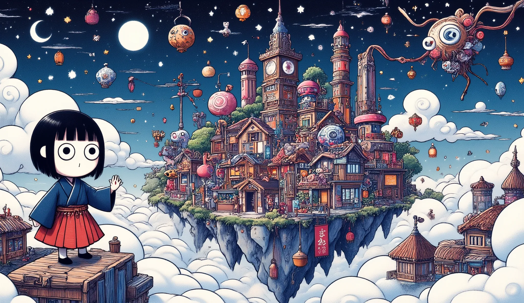 An island in an amusement park town like Disneyland floating in the night sky above the clouds, a large deformed girl waving her hand, Wonderland, ultra detailed, absolutely resolution, masterpiece