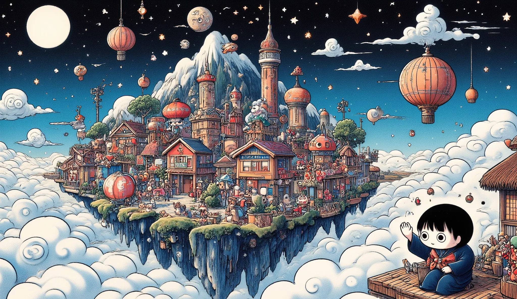 An island in an amusement park town like Disneyland floating in the night sky above the clouds, a large deformed girl waving her hand, Wonderland, ultra detailed, absolutely resolution, masterpiece