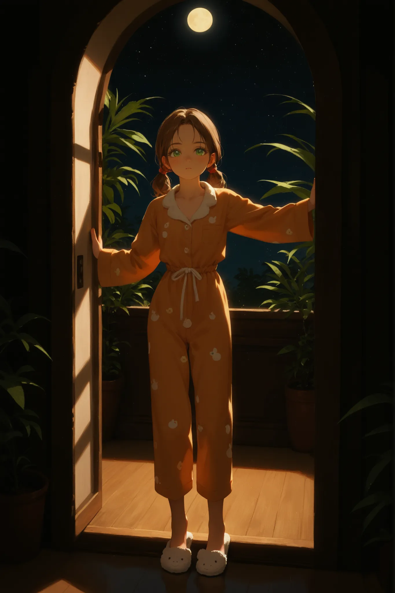 cinematicpainting,cinematic,cinema shot,depth of field,film grain,,,,midnight, 1girl, Beautiful woman, 18 years old, brown hair, green eyes, pigtails, ,, heavily blushing,standing in doorway,, , background is a mansion,,indoors, sleepy expression , spotli...