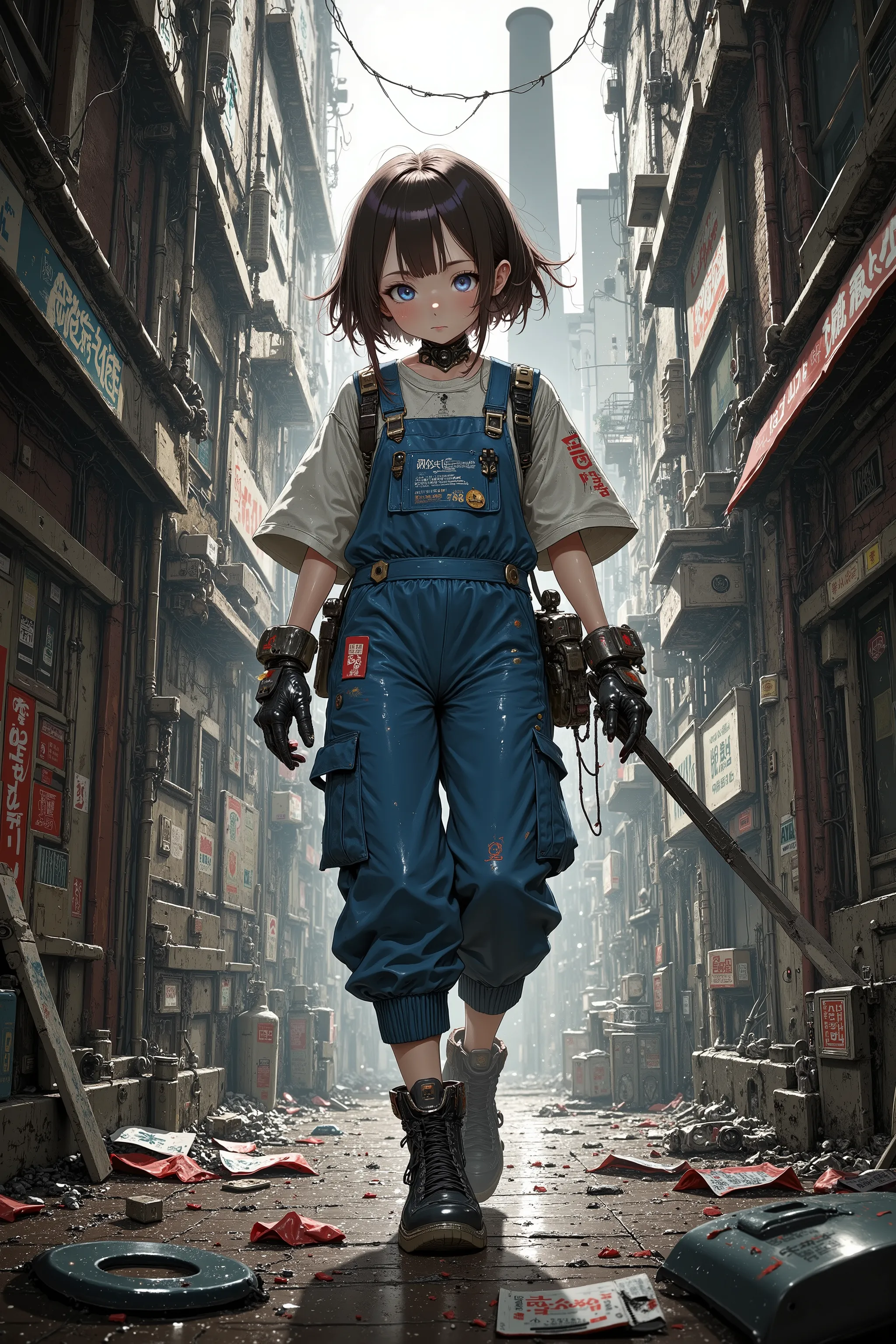 「garbage manager」、portrait of a child protecting the city's secrets while cleaning up the rubble、android girl、Friendly expression、Slightly sad eyes、Dirty work clothes、walking through rising dust、Back alley of the city、old red brick wall、chimney stretching ...