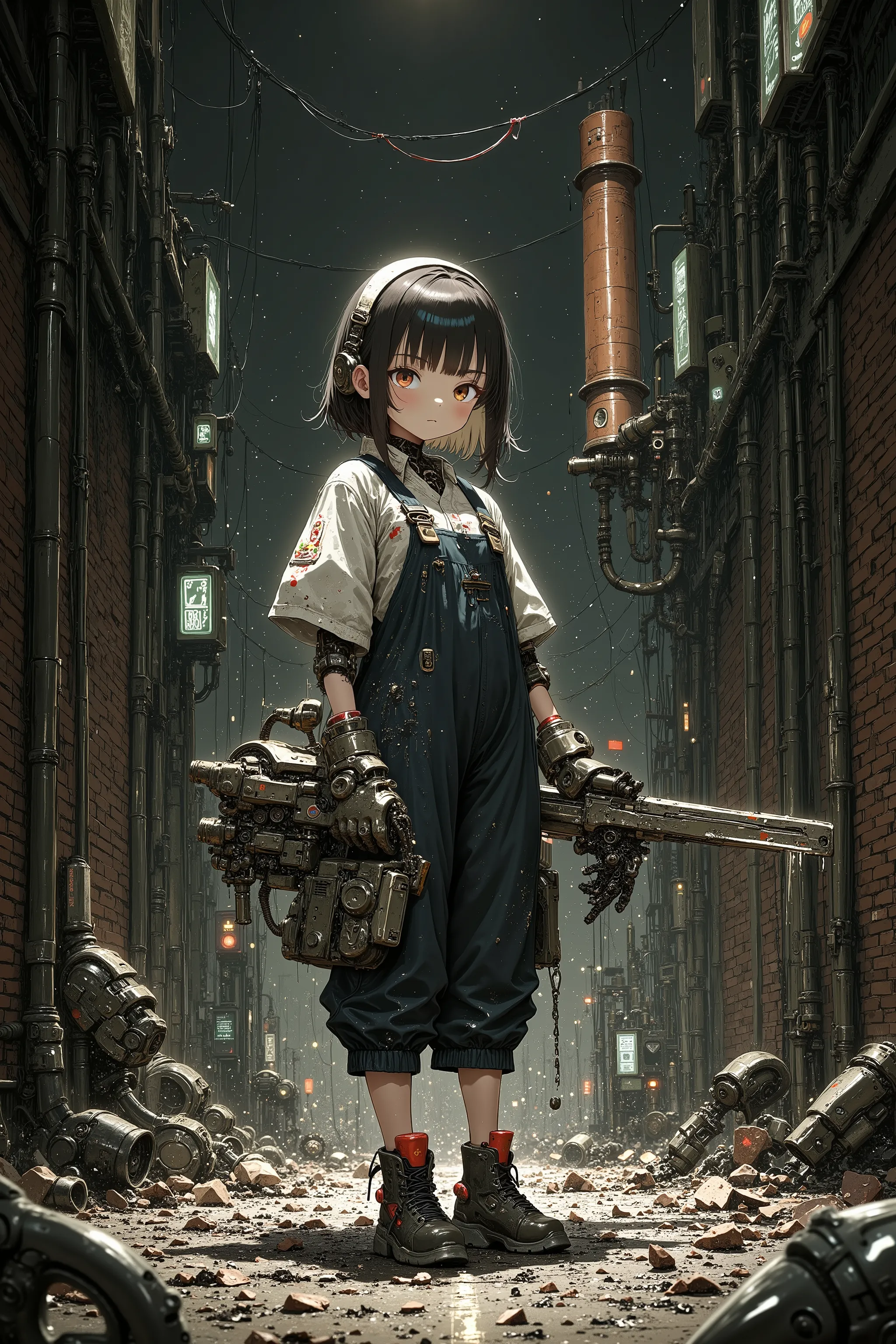 「garbage manager」、portrait of a child protecting the city's secrets while cleaning up the rubble、android girl、Friendly expression、Slightly sad eyes、Dirty work clothes、walking through rising dust、Back alley of the city、old red brick wall、chimney stretching ...