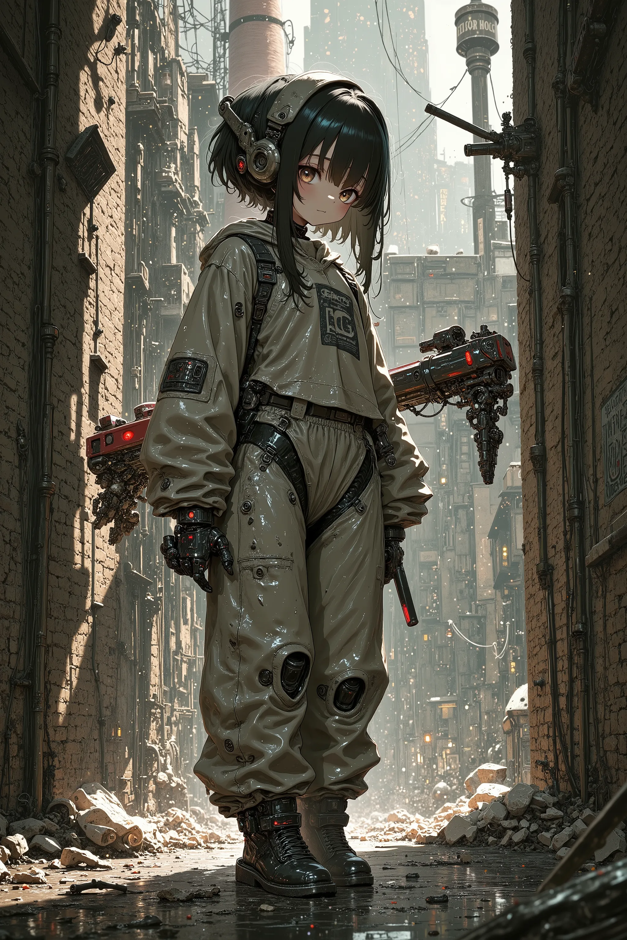 「garbage manager」、portrait of a child protecting the city's secrets while cleaning up the rubble、android girl、Friendly expression、Slightly sad eyes、Dirty work clothes、walking through rising dust、Back alley of the city、old red brick wall、chimney stretching ...