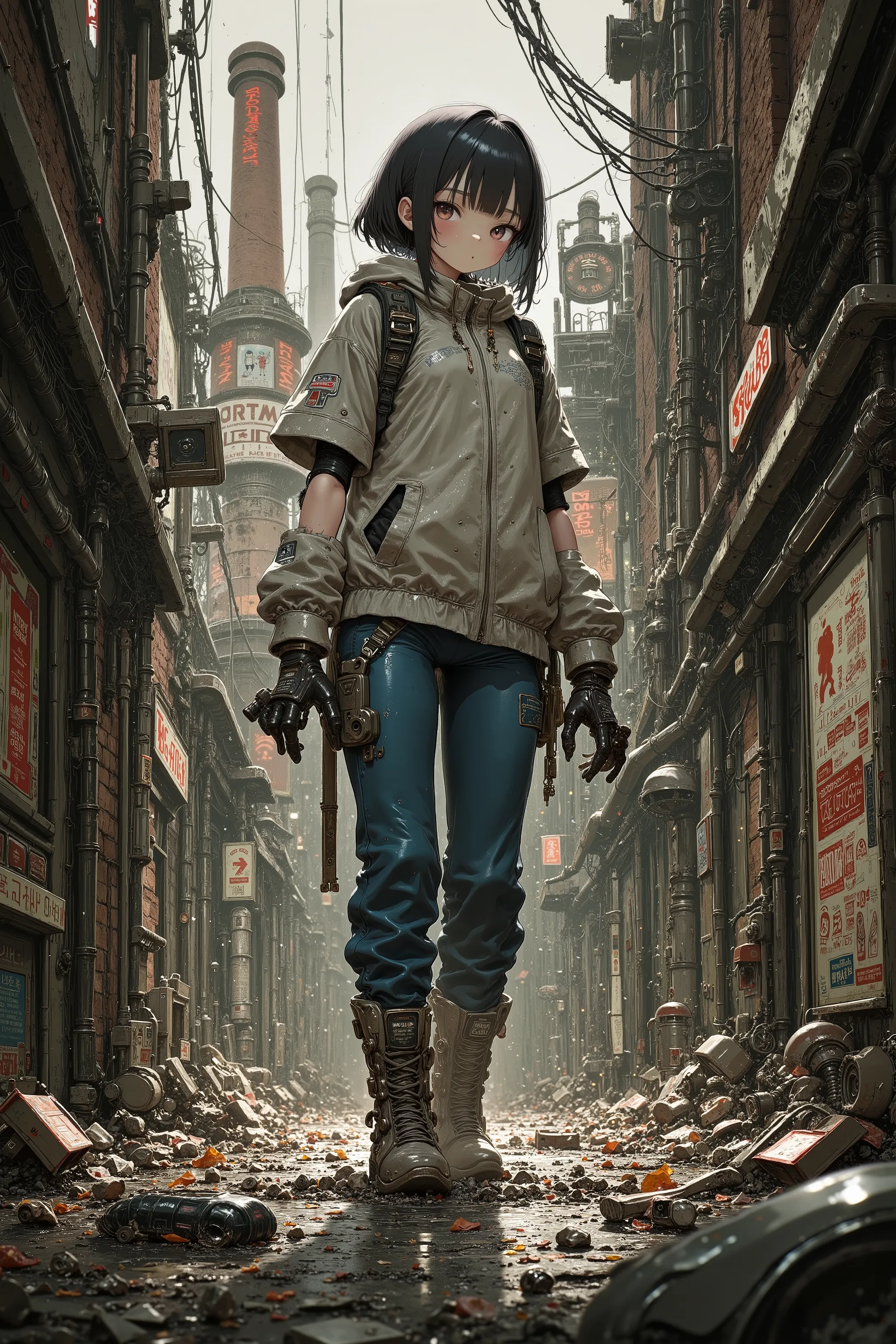 「garbage manager」、portrait of a child protecting the city's secrets while cleaning up the rubble、android girl、Friendly expression、Slightly sad eyes、Dirty work clothes、walking through rising dust、Back alley of the city、old red brick wall、chimney stretching ...