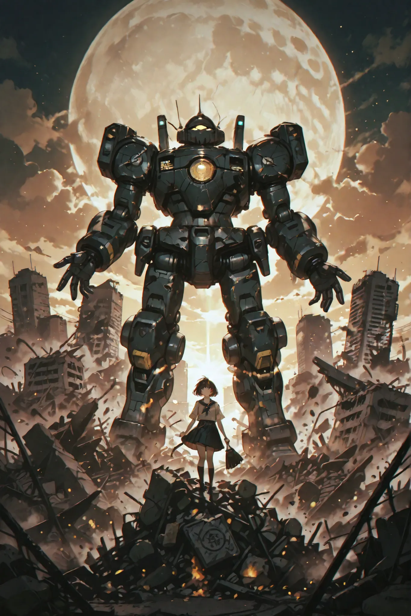 The caretaker's child cleaning up the rubble、Expressive Face、Confused Expression、a careful attitude to protect the city's secrets、Damaged clothes、Background of a decaying building、A giant retro robot that rises from the rubble、A giant spaceship buried in r...