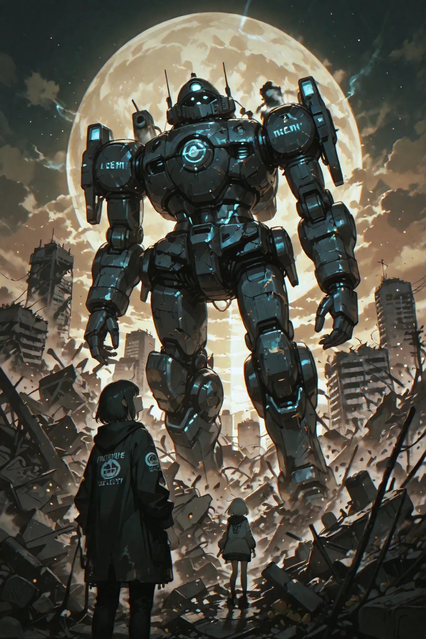 The caretaker's child cleaning up the rubble、Expressive Face、Confused Expression、a careful attitude to protect the city's secrets、Damaged clothes、Background of a decaying building、A giant retro robot that rises from the rubble、A giant spaceship buried in r...