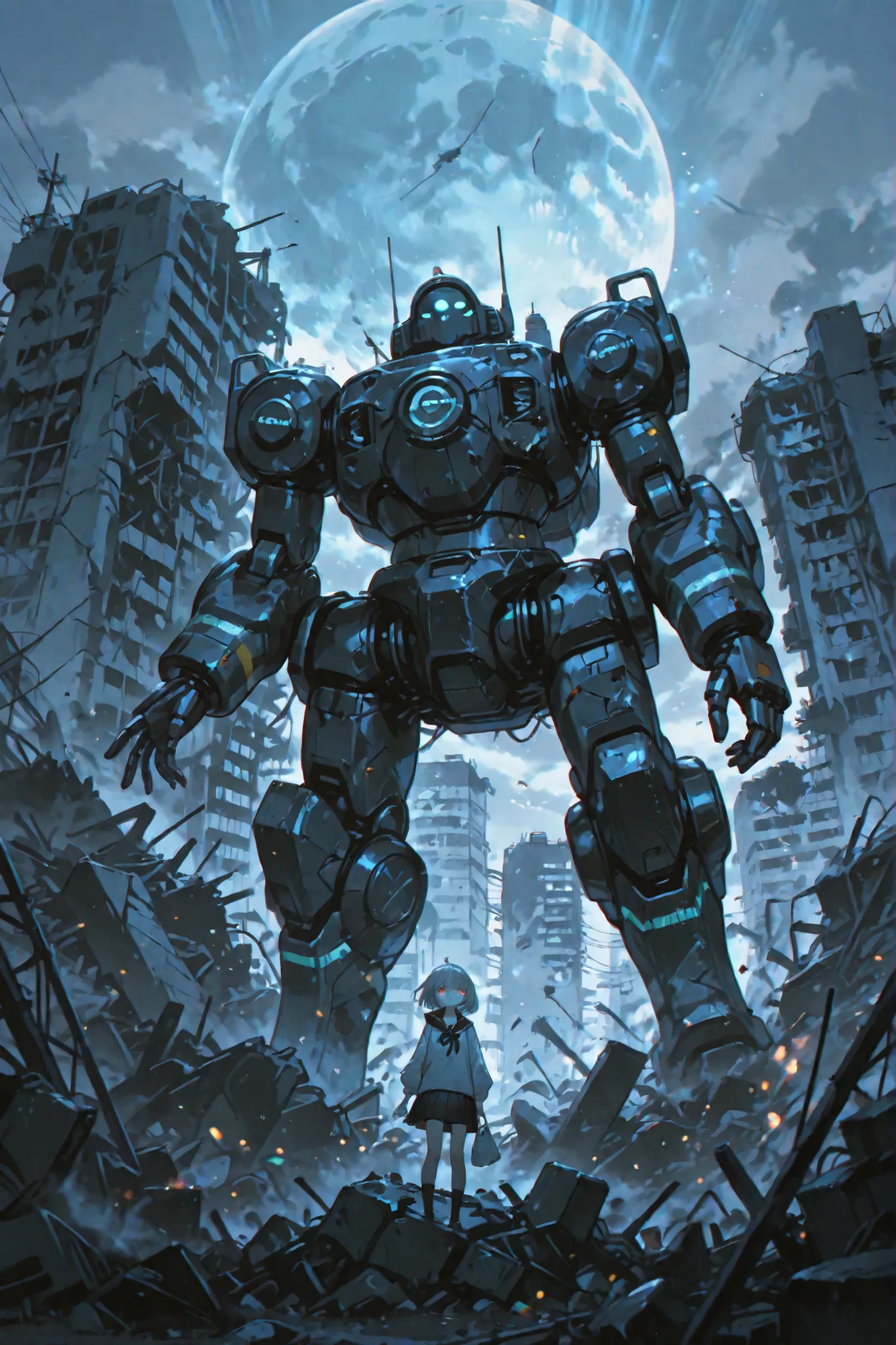 The caretaker's child cleaning up the rubble、Expressive Face、Confused Expression、a careful attitude to protect the city's secrets、Damaged clothes、Background of a decaying building、A giant retro robot that rises from the rubble、A giant spaceship buried in r...
