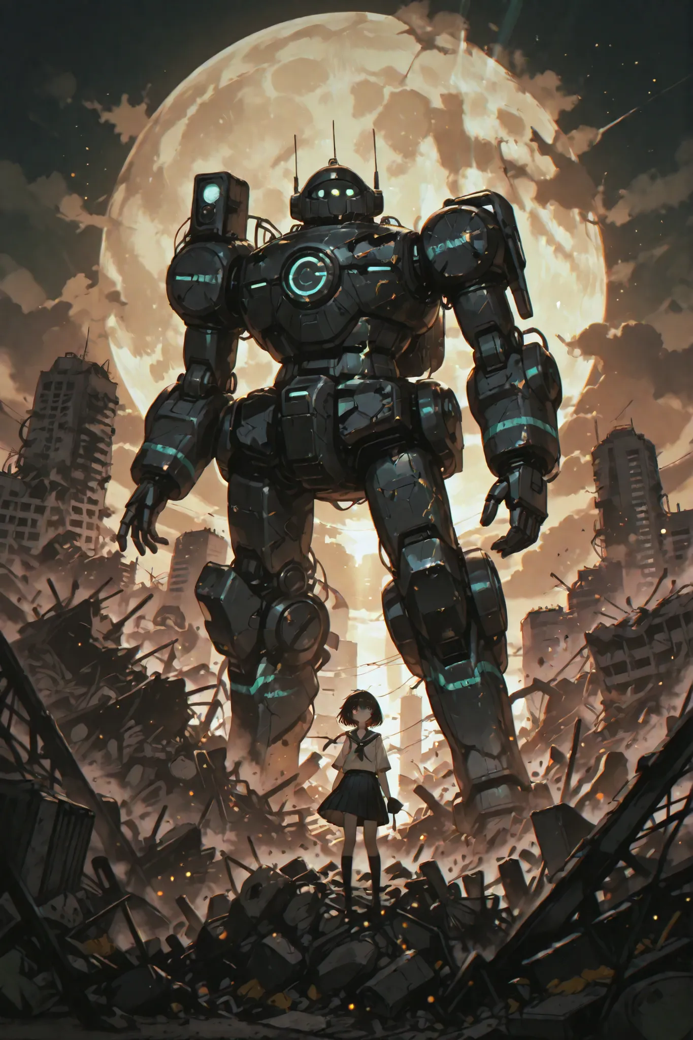 The caretaker's child cleaning up the rubble、Expressive Face、Confused Expression、a careful attitude to protect the city's secrets、Damaged clothes、Background of a decaying building、A giant retro robot that rises from the rubble、A giant spaceship buried in r...