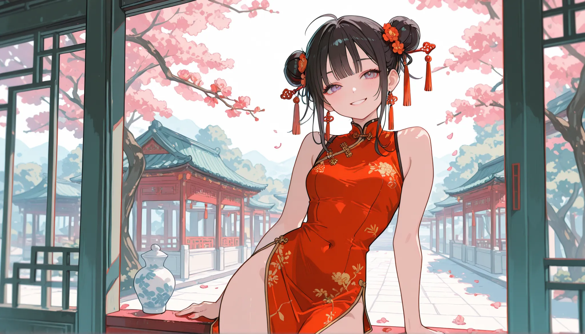 １women(dark haired、head high２Tsuno dango、red Chinese dress with orange sword、Beautiful hair ornaments、From the waist up、 smiling quietly ）、looking away、Chinese Streetscapes、Chinese flowers and trees、petals await、elegant、fashionable、dull color、pastel colors...