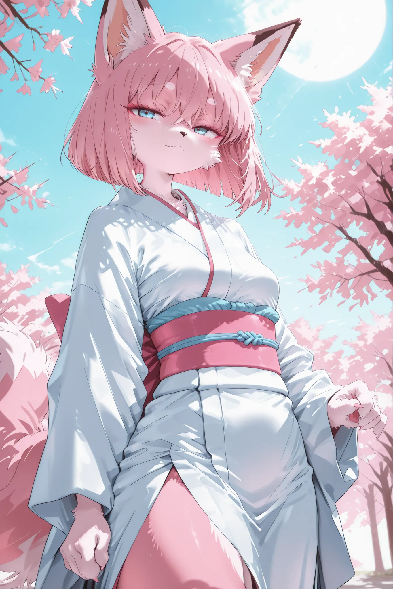 intricate_details_xl,(masterpiece, detailed:1.2),Furry, female, fox, kemono style, pink fur, sky blue eyes, slim body, thick thighs, medium bust size, wearing a long white kimono, pink short bob hair, small body frame, soft lighting, standing pose, fluffy ...