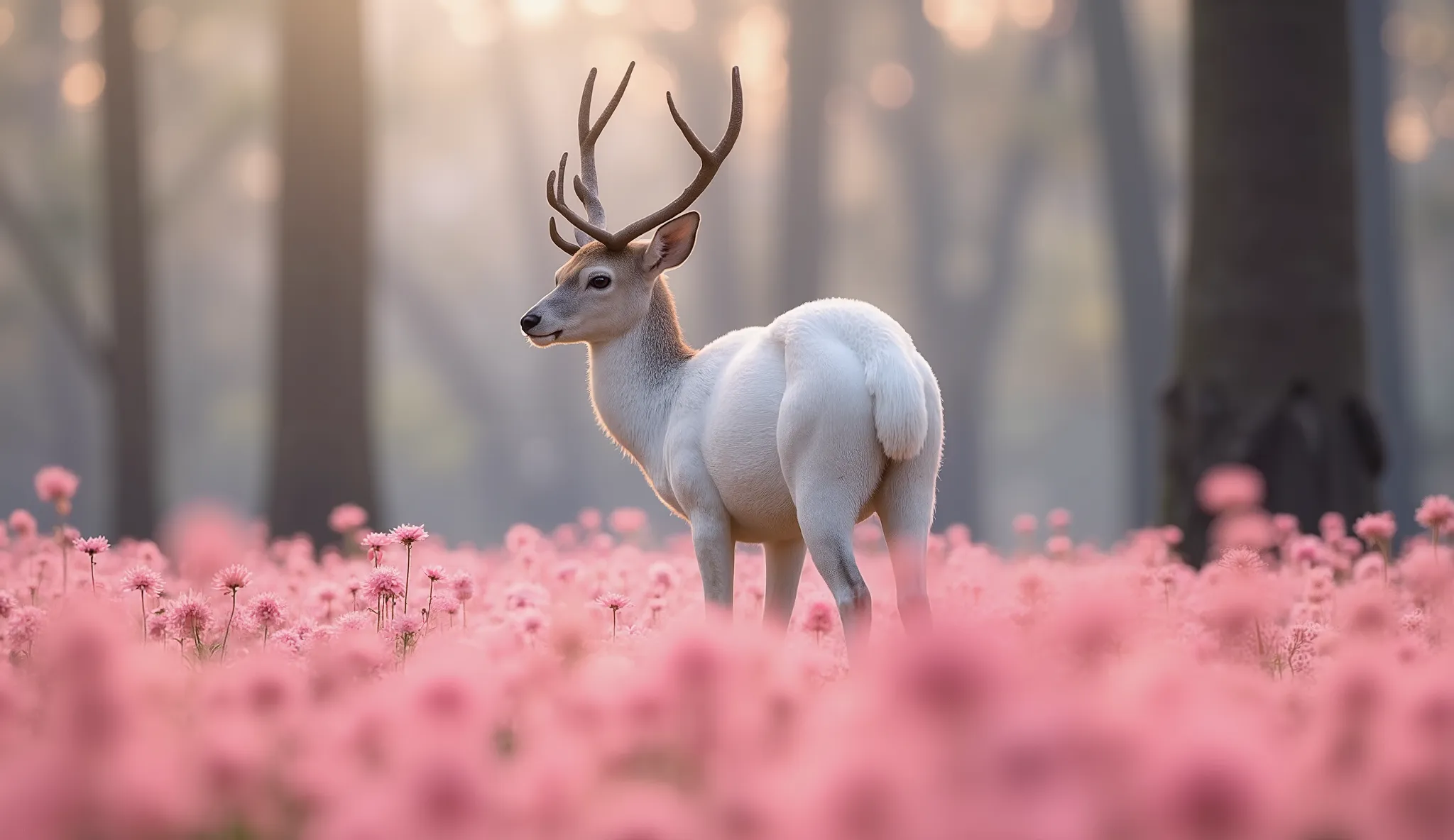  tamago cloth 、Creature Photos、Beautiful white deer、magicのファンタジーの森、Digital Art、the most amazing artwork in the world、((non-human))、Forest flower field 、soft and balanced pink、Forest Scenery、Seven color flower 々、Ultra High Definition、8k octane rendering、mag...