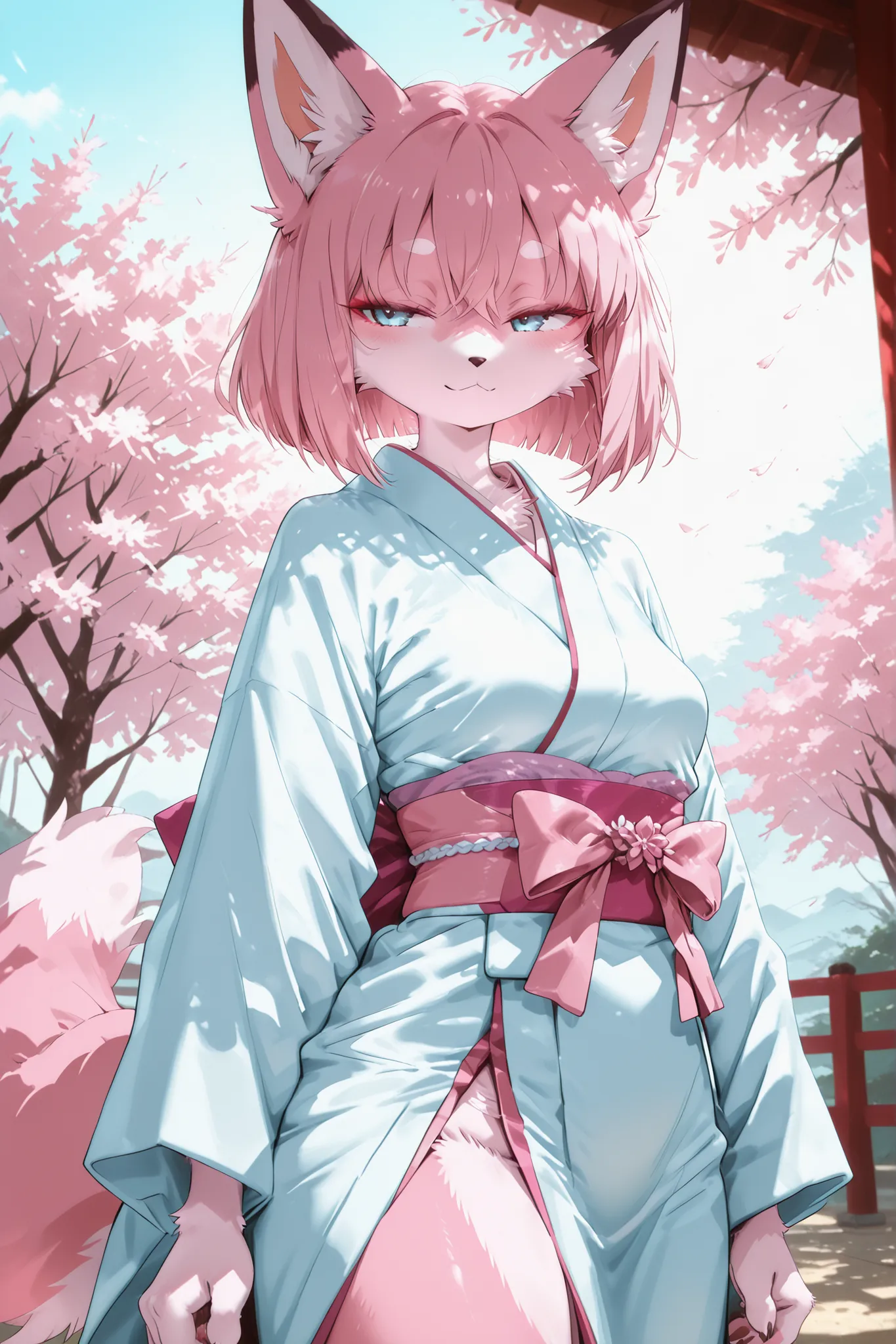 intricate_details_xl,(masterpiece, detailed:1.2),Furry, female, fox, kemono style, pink fur, sky blue eyes, slim body, thick thighs, medium bust size, wearing a long white kimono, pink short bob hair, small body frame, soft lighting, standing pose, fluffy ...