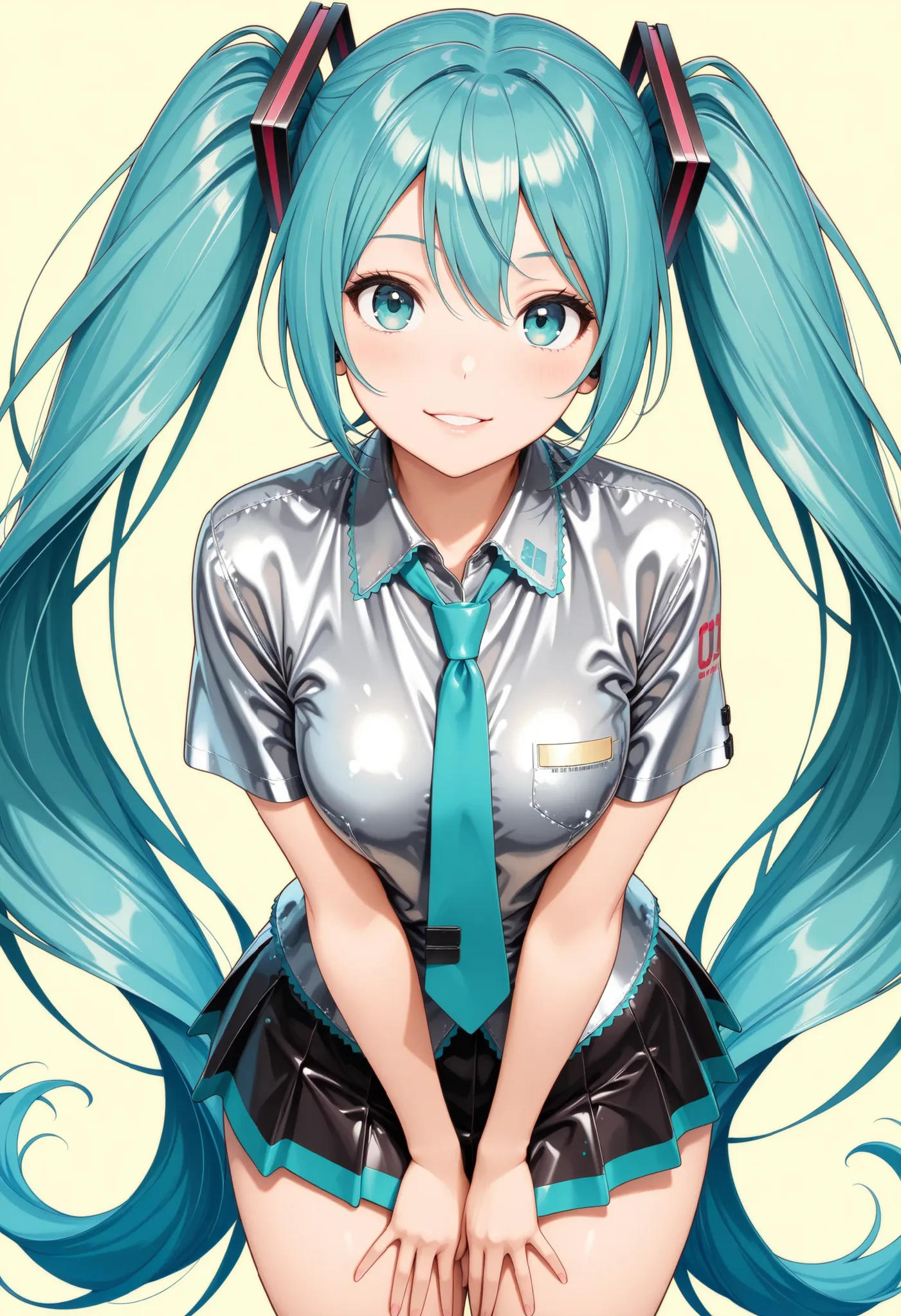 Semi realistic, Hatsune Miku, turquoise twin tail hair, 1 woman, Gal:1.4, solid background, Miku style silver shirt, necktie, miniskirt, photogenic, ultra high resolution, (top quality:1.2, CG illustration, masterpiece:1.2, Best Aesthetics),