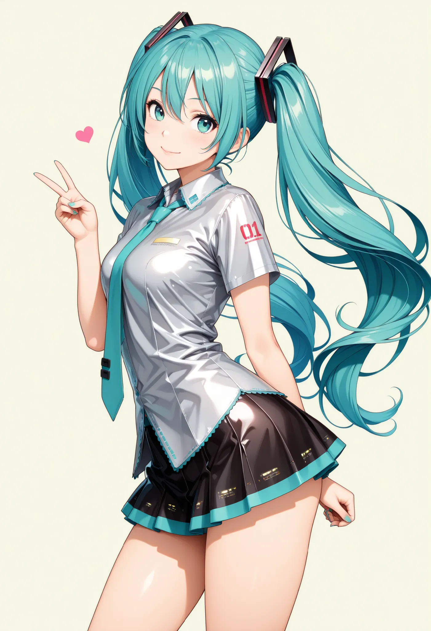 Semi realistic, Hatsune Miku, turquoise twin tail hair, 1 woman, Gal:1.4, solid background, Miku style silver shirt, necktie, miniskirt, photogenic, ultra high resolution, (top quality:1.2, CG illustration, masterpiece:1.2, Best Aesthetics),