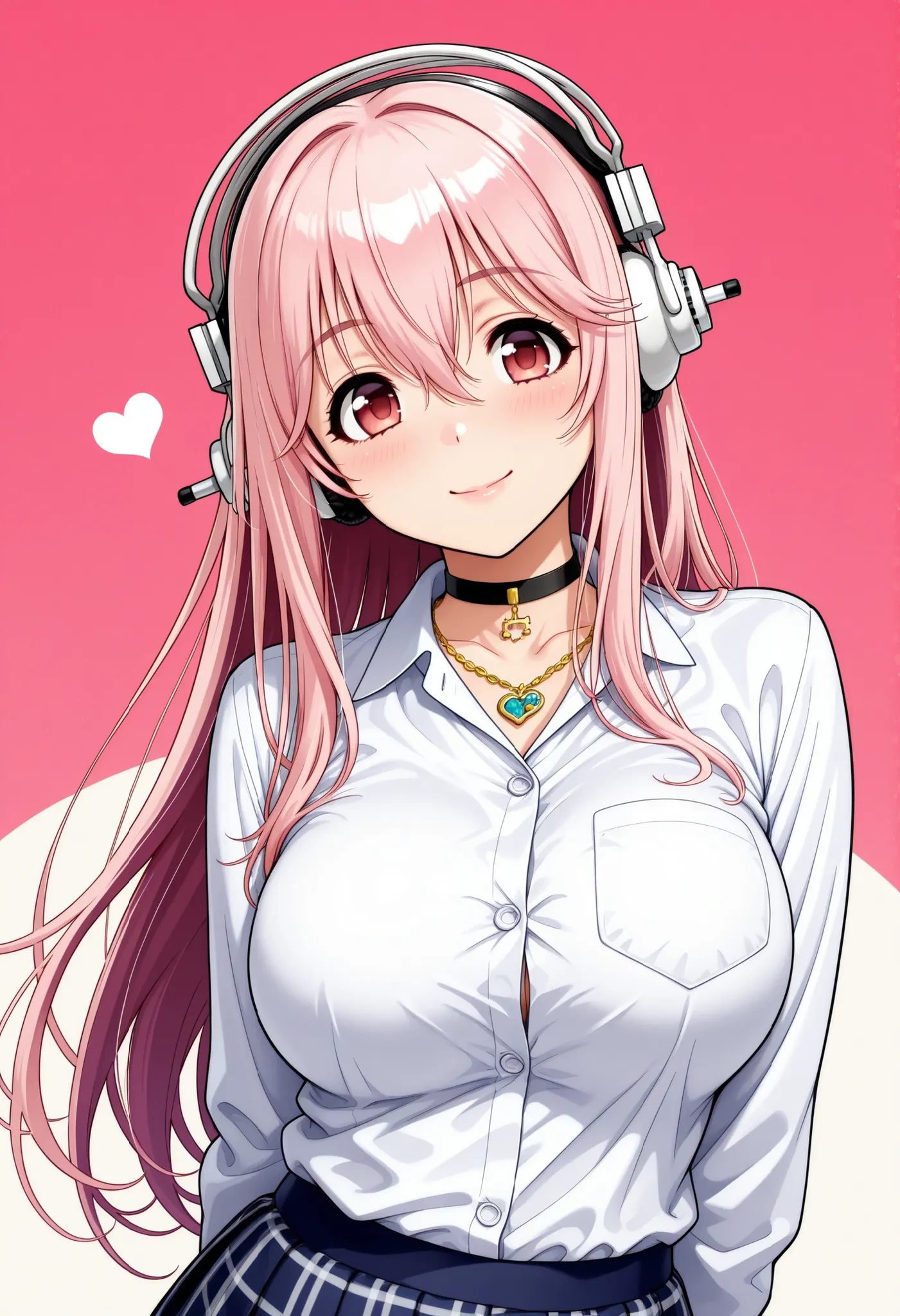 Semi realistic, Super Sonico , long hair, pink hair, hair between eyes, jewelry, very long hair, gradation hair, pink hair, white hair, choker, Pure Bitch, Captivating Body, ギャル:1.4, 単色背景, アイドル衣装, リボンタイ, ミニスカート, フォトジェニック, 超高解像度, (最高品質:1.2, CGイラスト, 傑作:1.2, ...