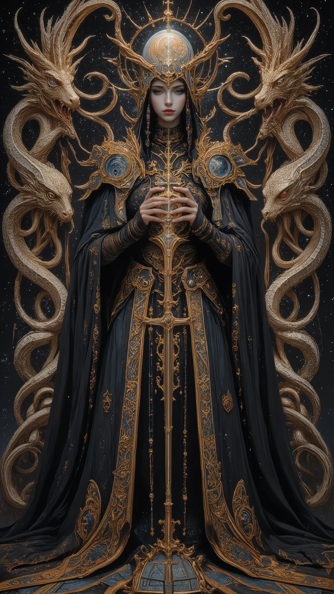 Surreal Painting,  An extravagant, mysterious female figure dressed in intricately embroidered black and white medieval clothing that fits her form perfectly , A jeweled rosary necklace with a large crucifix rests on her shoulder,Allusions to a historical ...