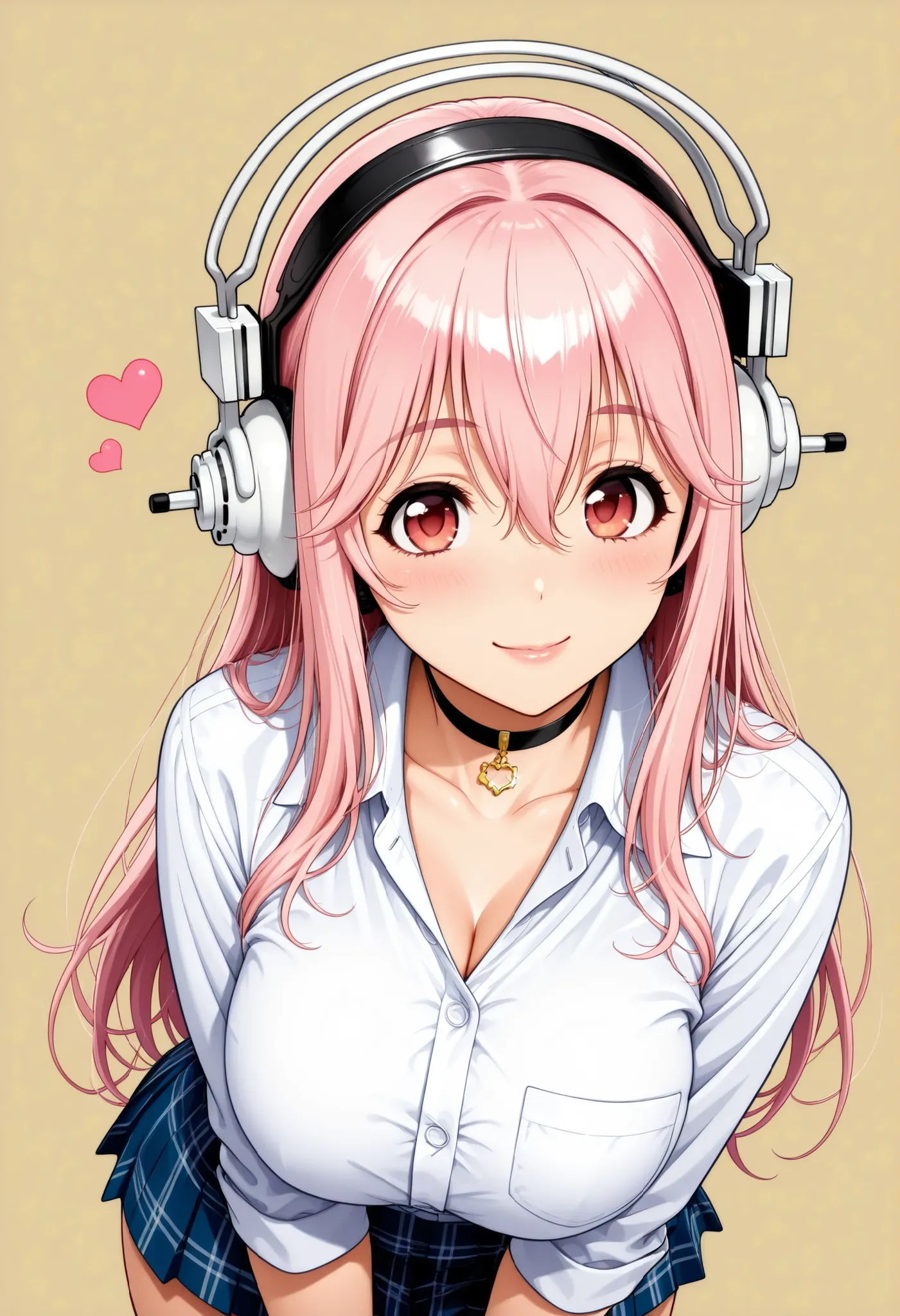 Semi realistic, Super Sonico , long hair, pink hair, hair between eyes, jewelry, very long hair, gradation hair, pink hair, white hair, choker, Pure Bitch, Captivating Body, ギャル:1.4, 単色背景, アイドル衣装, リボンタイ, ミニスカート, フォトジェニック, 超高解像度, (最高品質:1.2, CGイラスト, 傑作:1.2, ...