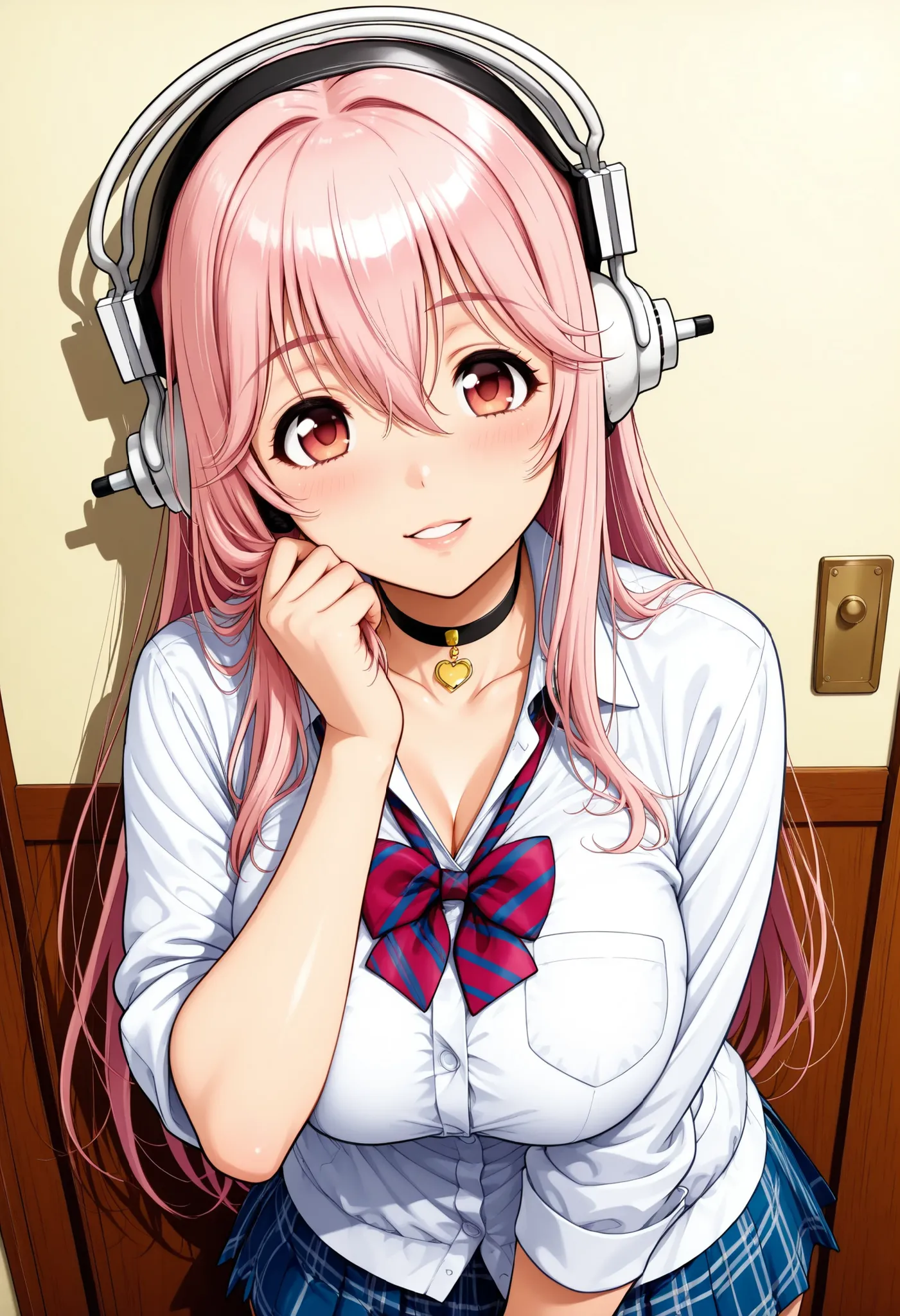 Semi realistic, Super Sonico , long hair, pink hair, hair between eyes, jewelry, very long hair, gradation hair, pink hair, white hair, choker, Pure Bitch, Captivating Body, ギャル:1.4, 単色背景, アイドル衣装, リボンタイ, ミニスカート, フォトジェニック, 超高解像度, (最高品質:1.2, CGイラスト, 傑作:1.2, ...
